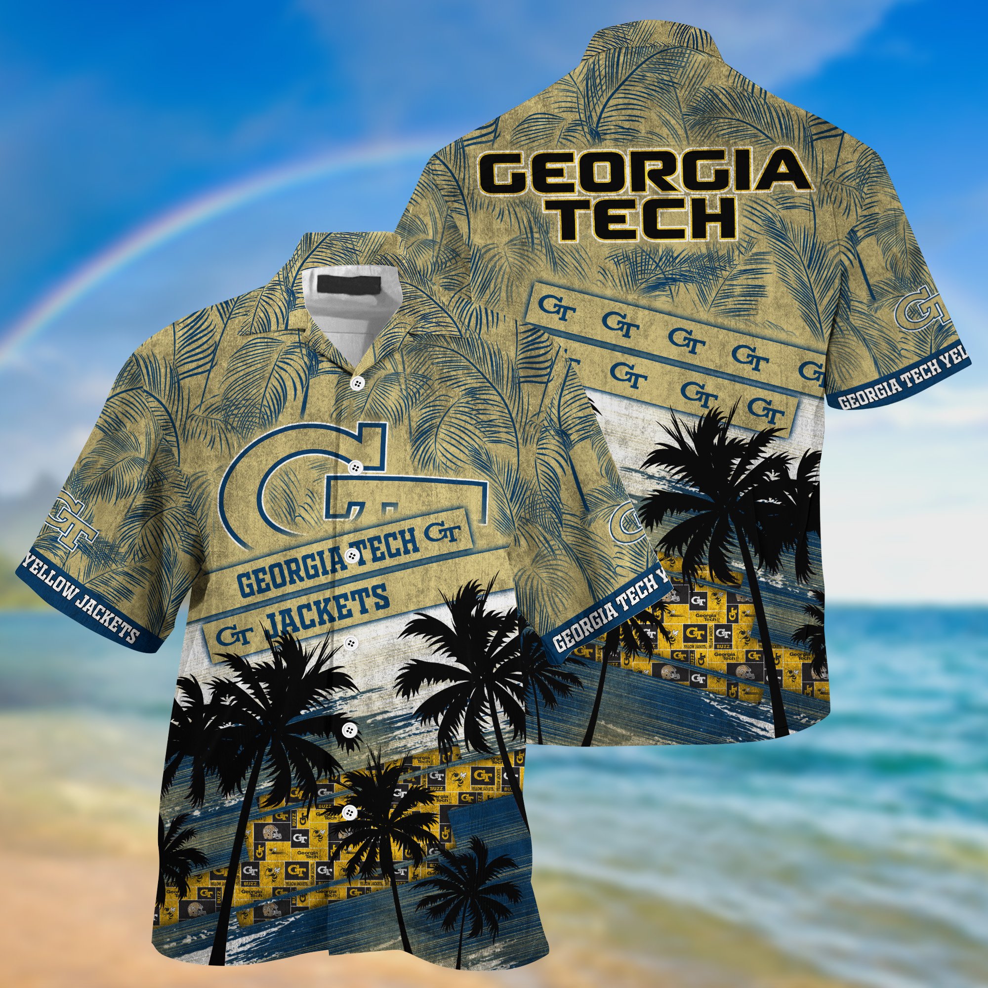 Georgia Tech Yellow Jackets Palm Tree Pattern Hawaii Shirt For Sports Fans, Custom Sport Hawaii Shirt NA32896