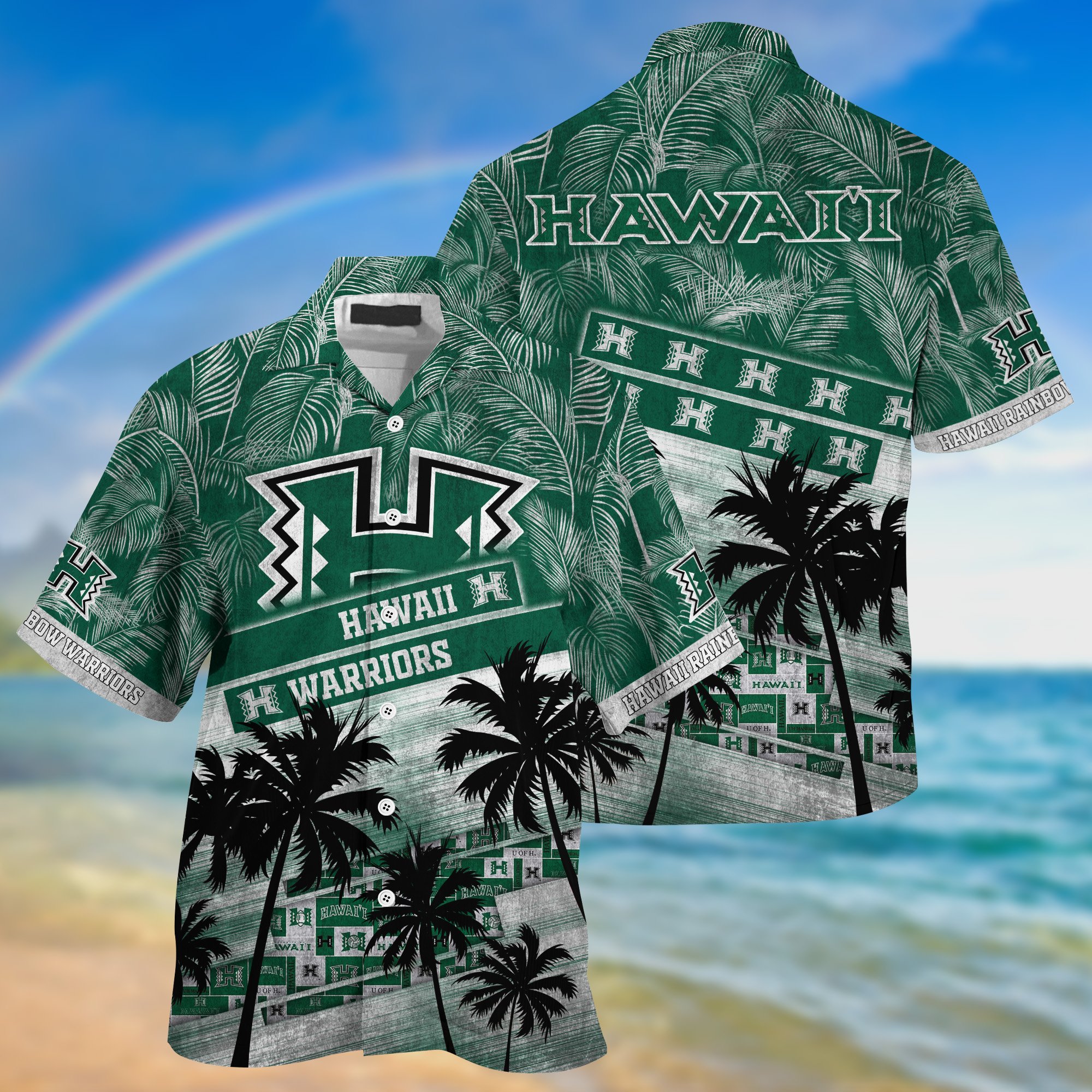 Hawaii Rainbow Warriors Palm Tree Pattern Hawaii Shirt For Sports Fans, Custom Sport Hawaii Shirt NA32896