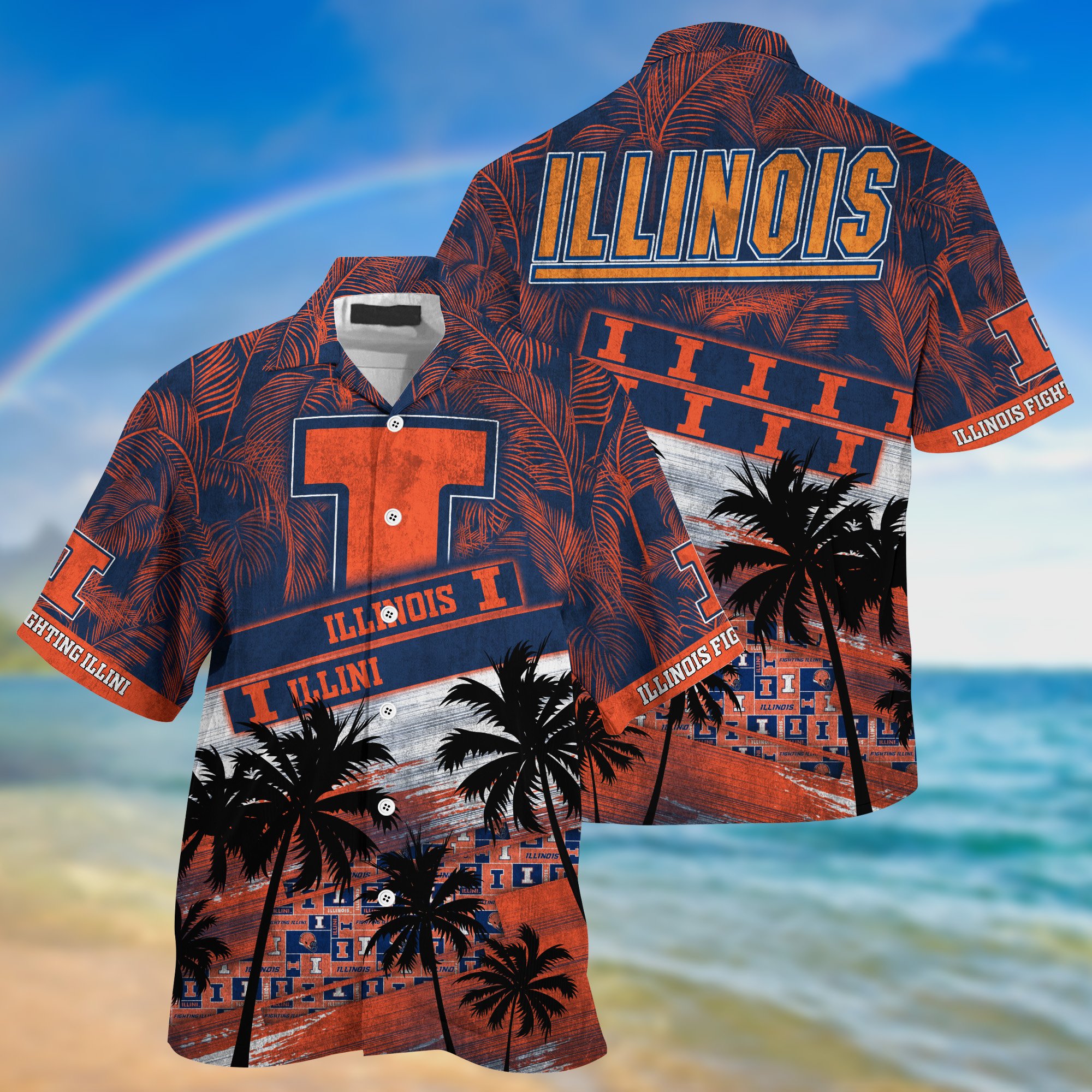 Illinois Fighting Illini Palm Tree Pattern Hawaii Shirt For Sports Fans, Custom Sport Hawaii Shirt NA32896