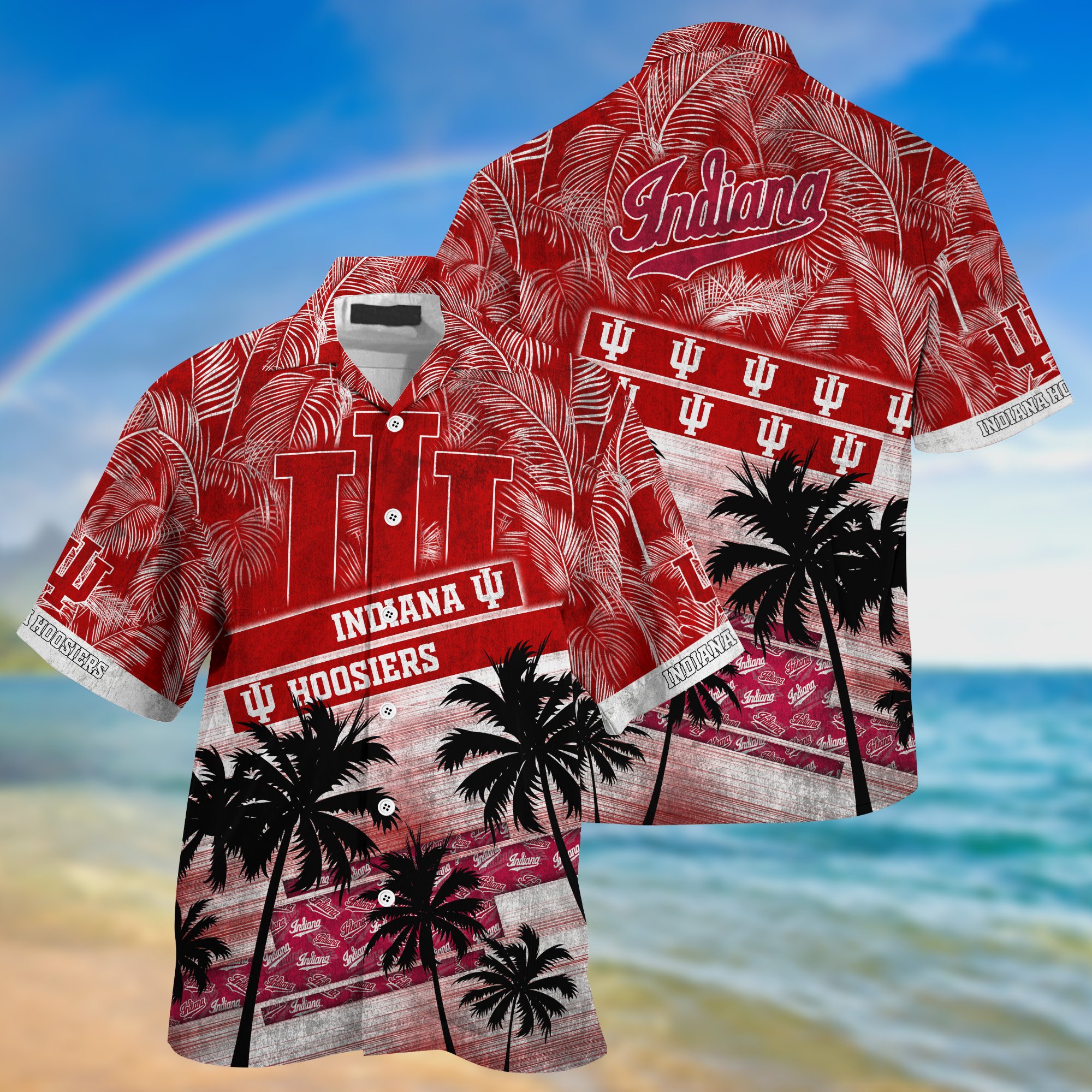 Indiana Hoosiers Palm Tree Pattern Hawaii Shirt For Sports Fans, Custom Sport Hawaii Shirt NA32896