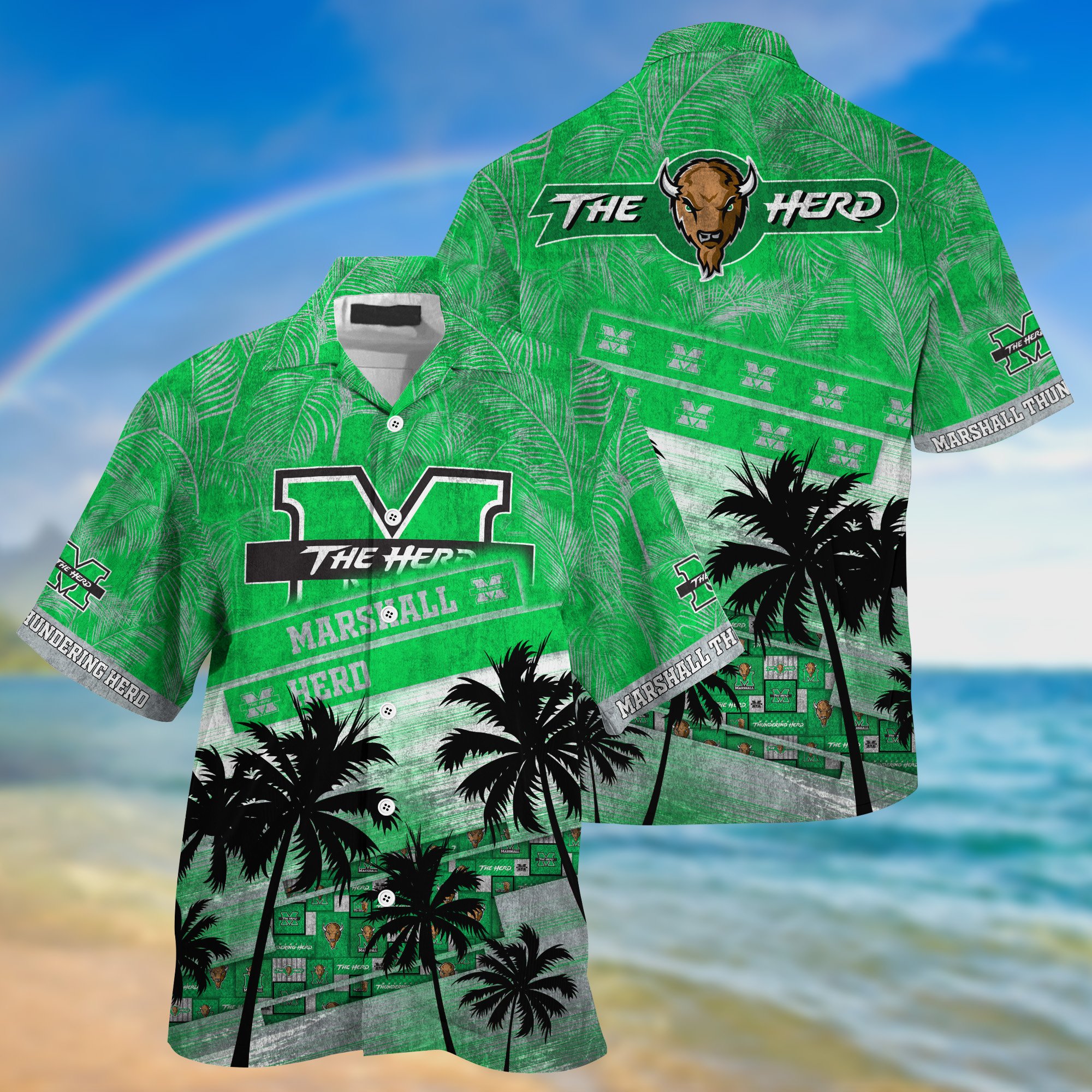 Marshall Thundering Herd Palm Tree Pattern Hawaii Shirt For Sports Fans, Custom Sport Hawaii Shirt NA32896