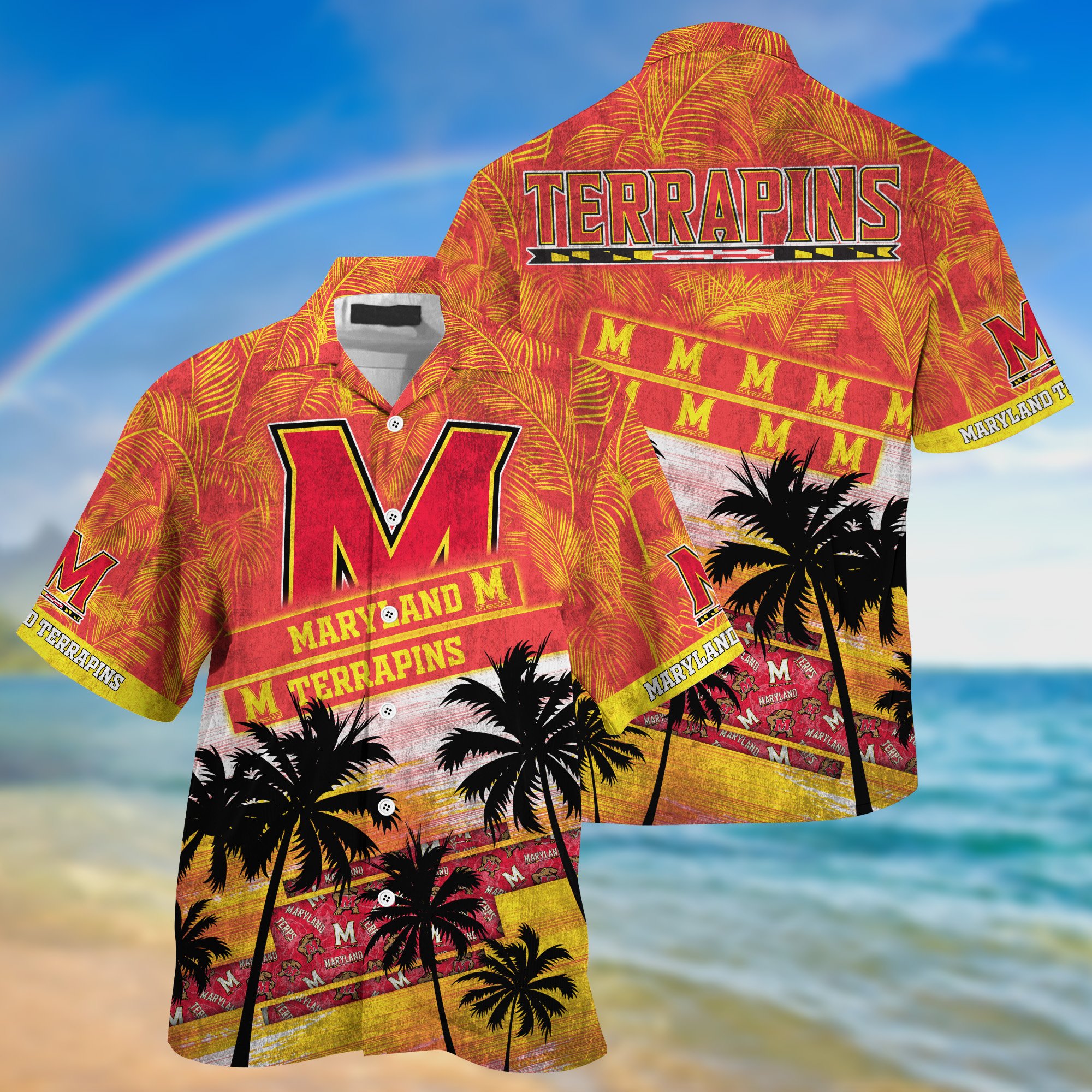 Maryland Terrapins Palm Tree Pattern Hawaii Shirt For Sports Fans, Custom Sport Hawaii Shirt NA32896