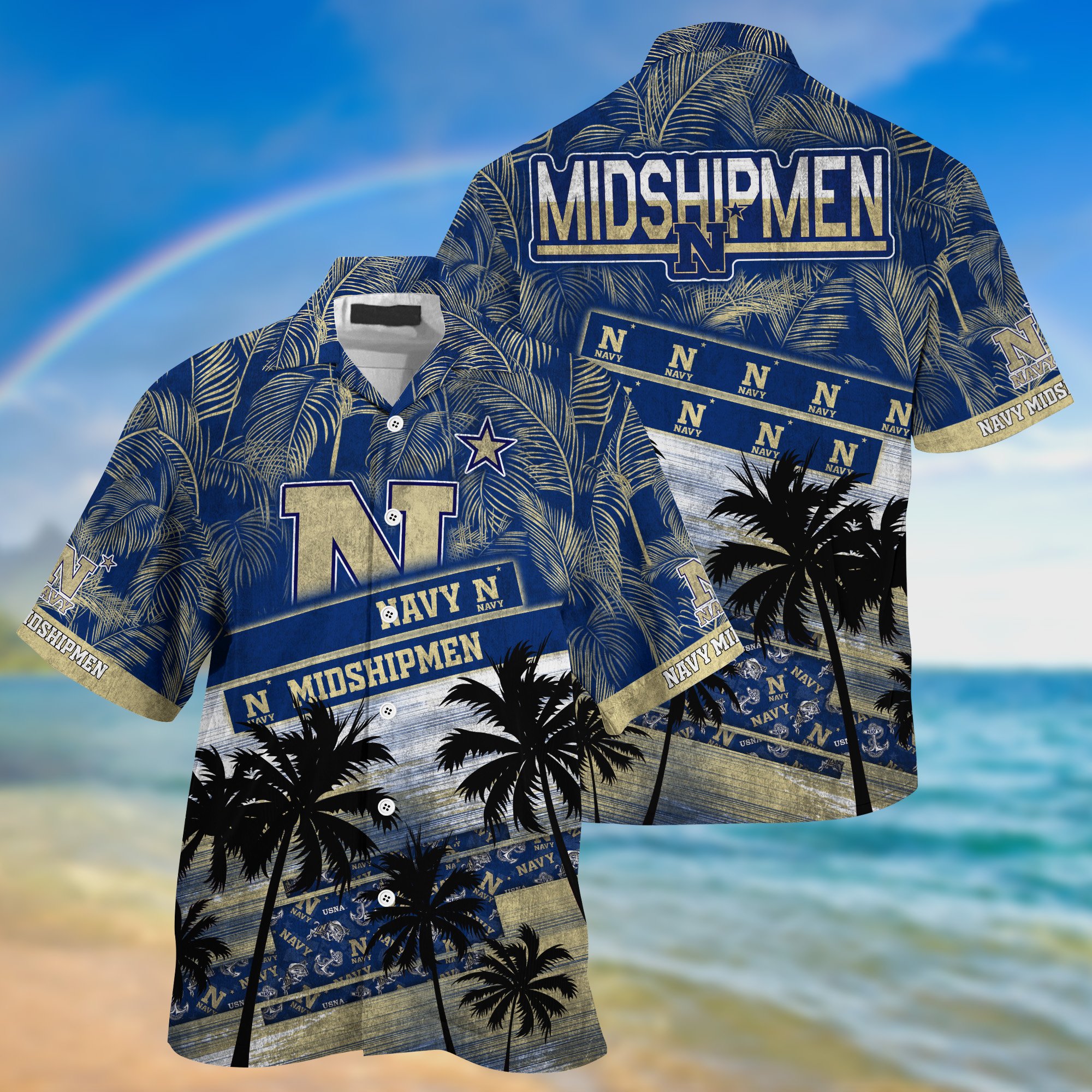 Navy Midshipmen Palm Tree Pattern Hawaii Shirt For Sports Fans, Custom Sport Hawaii Shirt NA32896