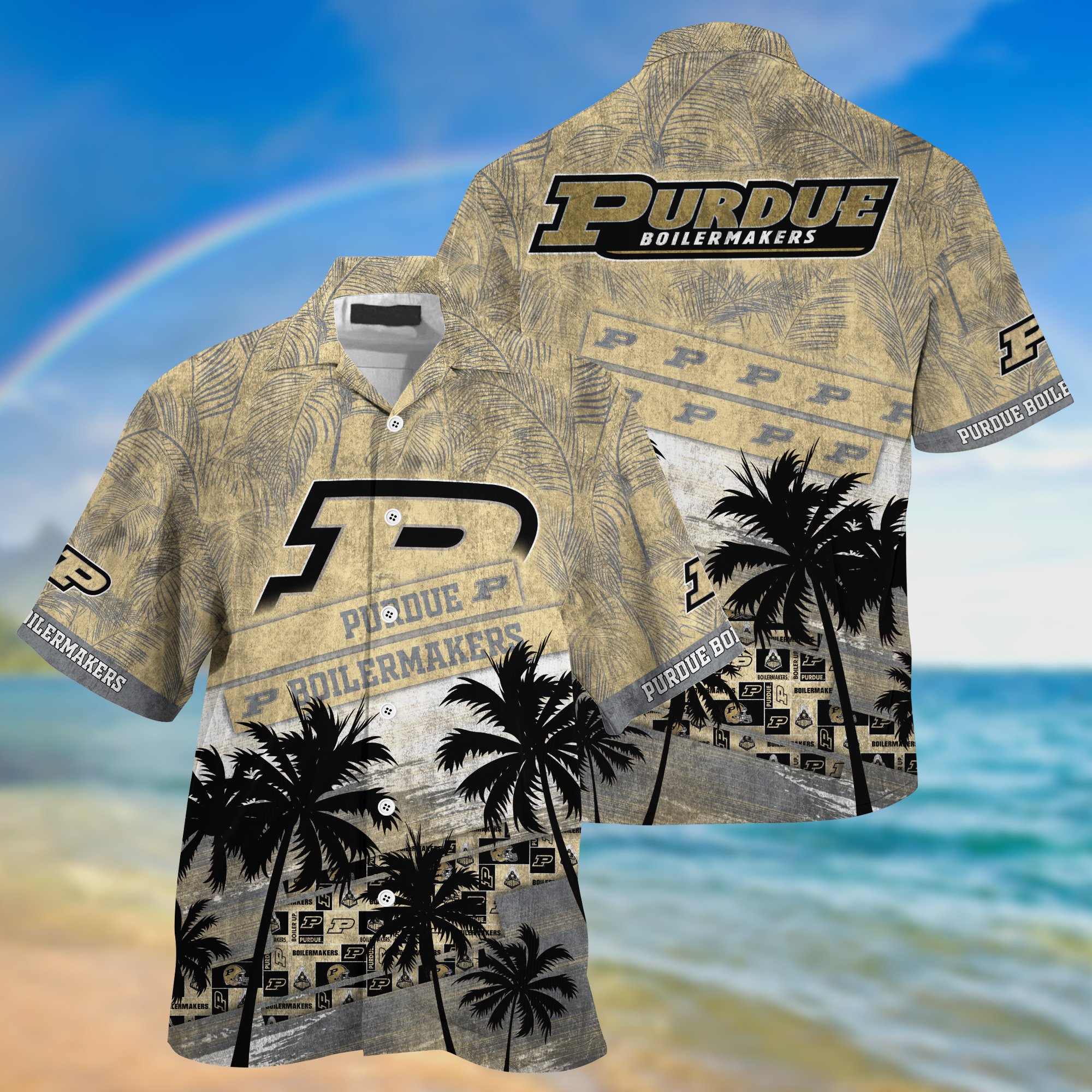 Purdue Boilermakers Palm Tree Pattern Hawaii Shirt For Sports Fans, Custom Sport Hawaii Shirt NA32896