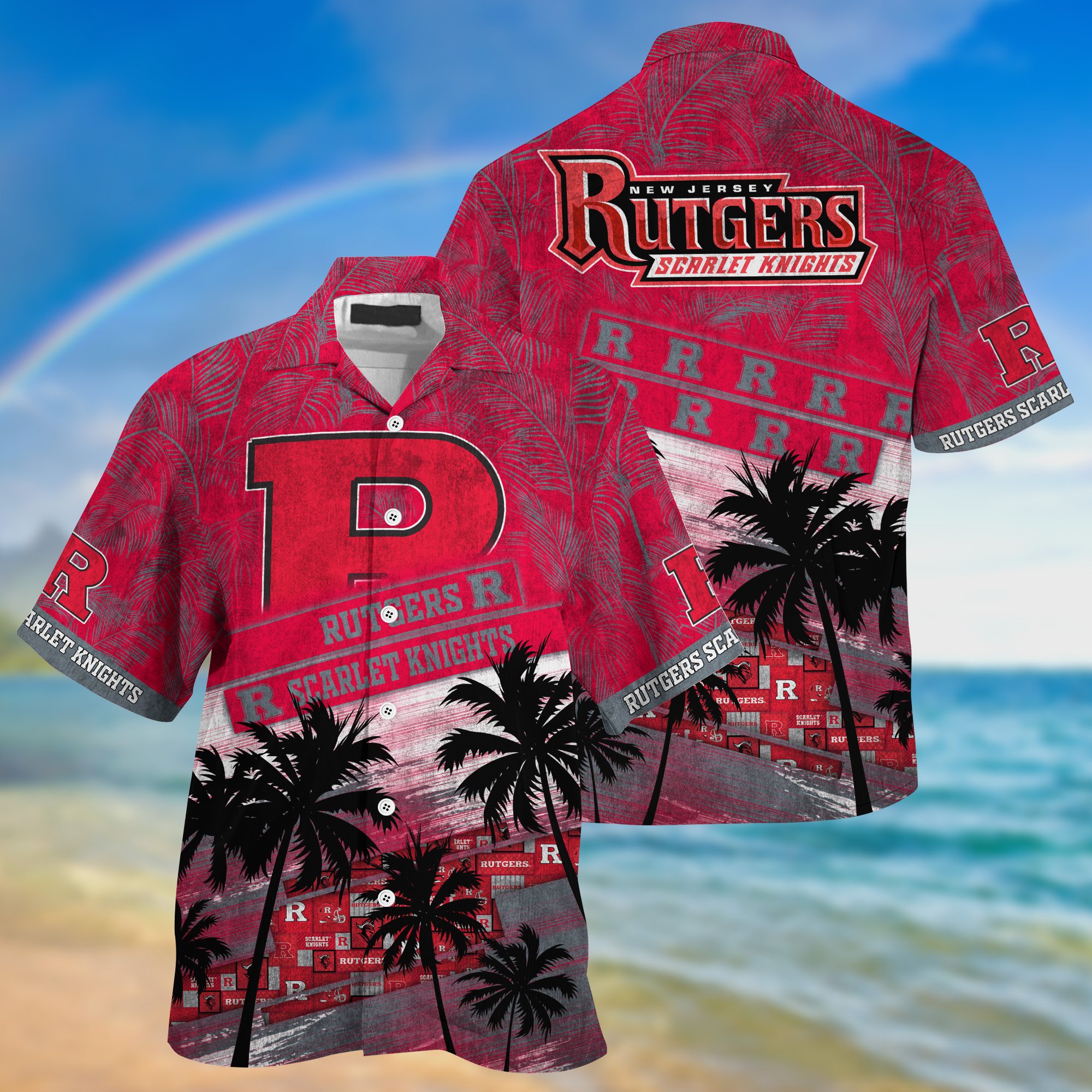 Rutgers Scarlet Knights Palm Tree Pattern Hawaii Shirt For Sports Fans, Custom Sport Hawaii Shirt NA32896