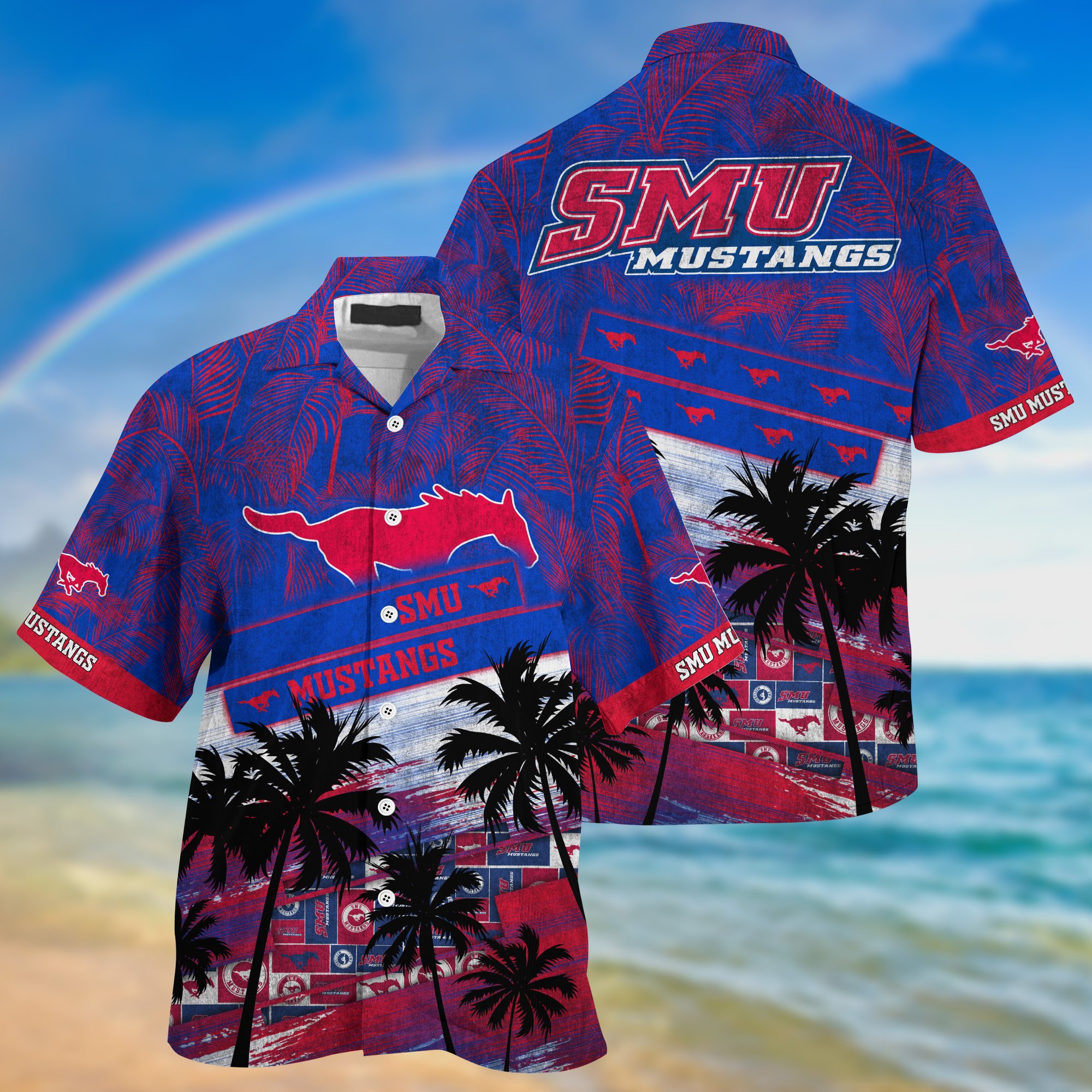 SMU Mustangs Palm Tree Pattern Hawaii Shirt For Sports Fans, Custom Sport Hawaii Shirt NA32896