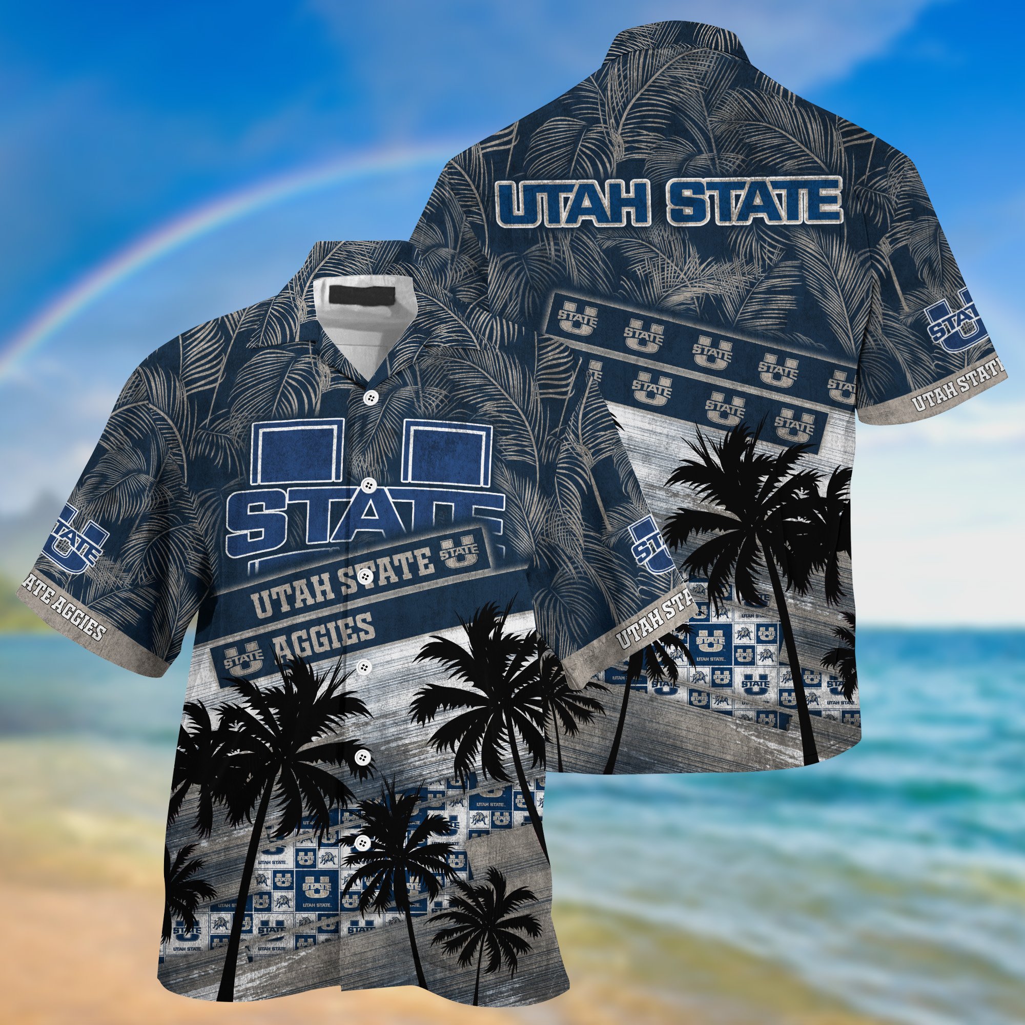 Utah State Aggies Palm Tree Pattern Hawaii Shirt For Sports Fans, Custom Sport Hawaii Shirt NA32896