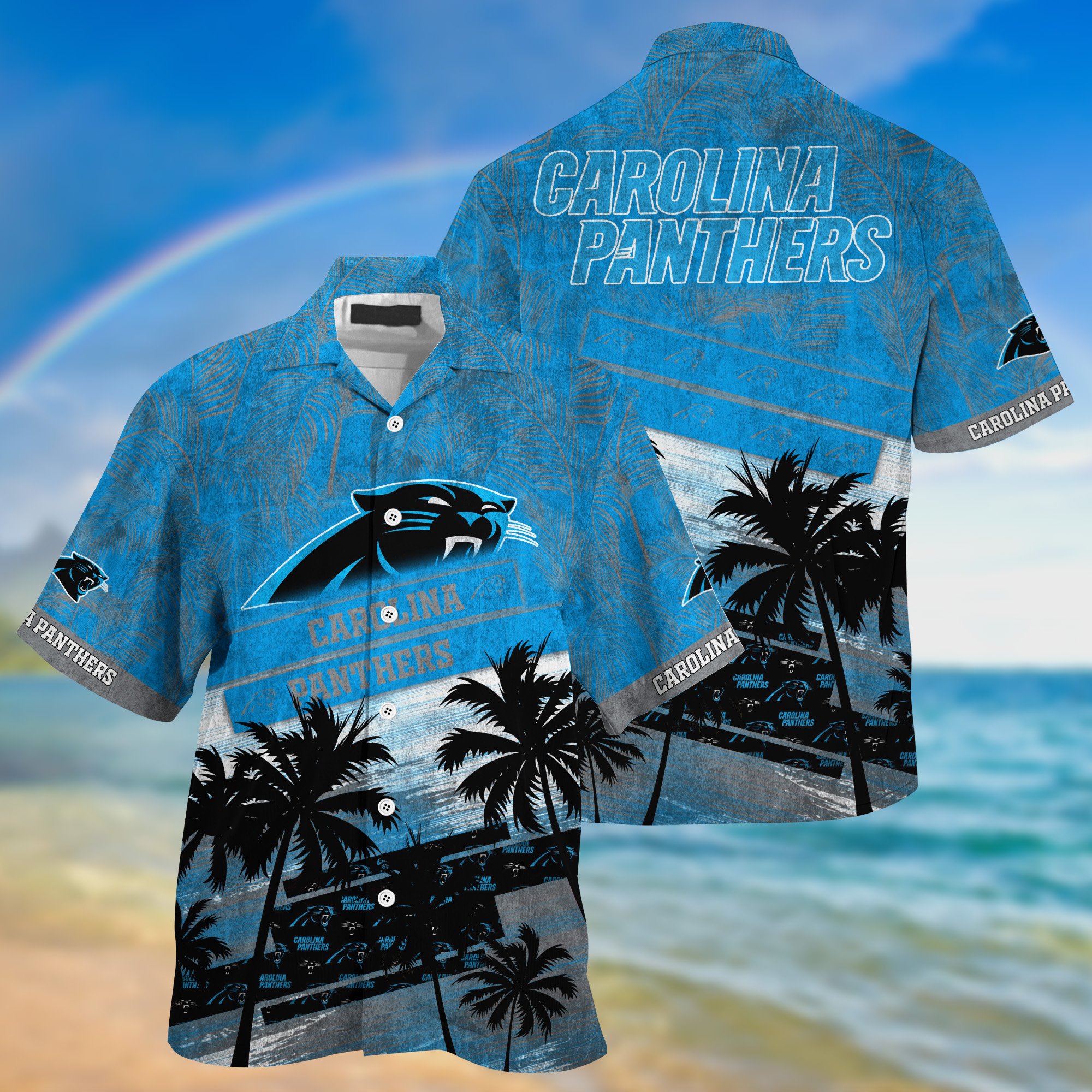 Carolina Panthers Palm Tree Pattern Hawaii Shirt For Sports Fans, Custom Sport Hawaii Shirt NA32896