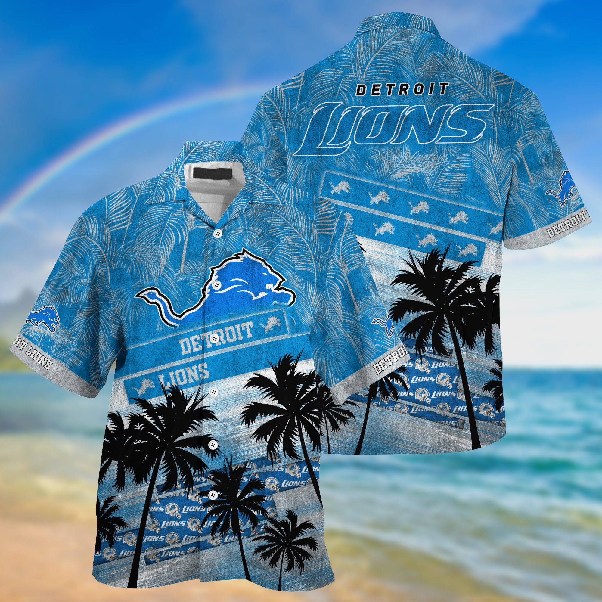 Detroit Lions Palm Tree Pattern Hawaii Shirt For Sports Fans, Custom Sport Hawaii Shirt NA32896