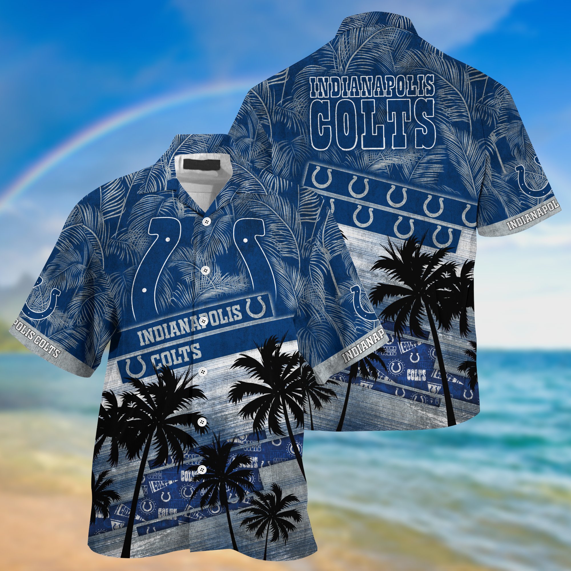 Indianapolis Colts Palm Tree Pattern Hawaii Shirt For Sports Fans, Custom Sport Hawaii Shirt NA32896