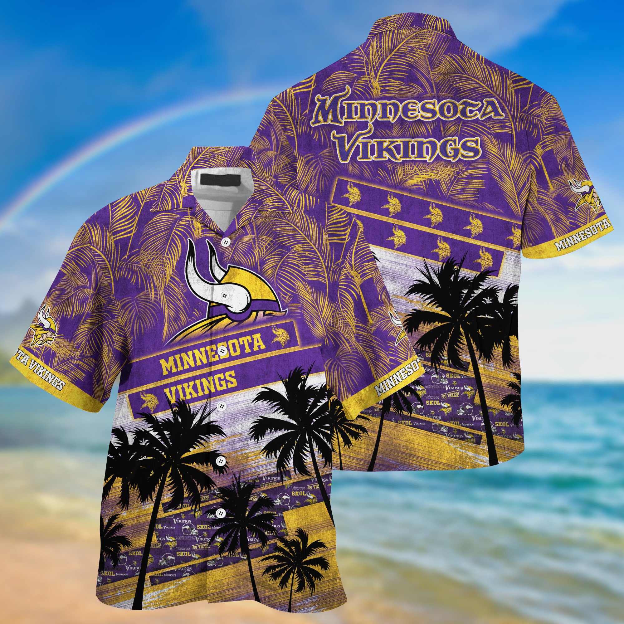 Minnesota Vikings Palm Tree Pattern Hawaii Shirt For Sports Fans, Custom Sport Hawaii Shirt NA32896