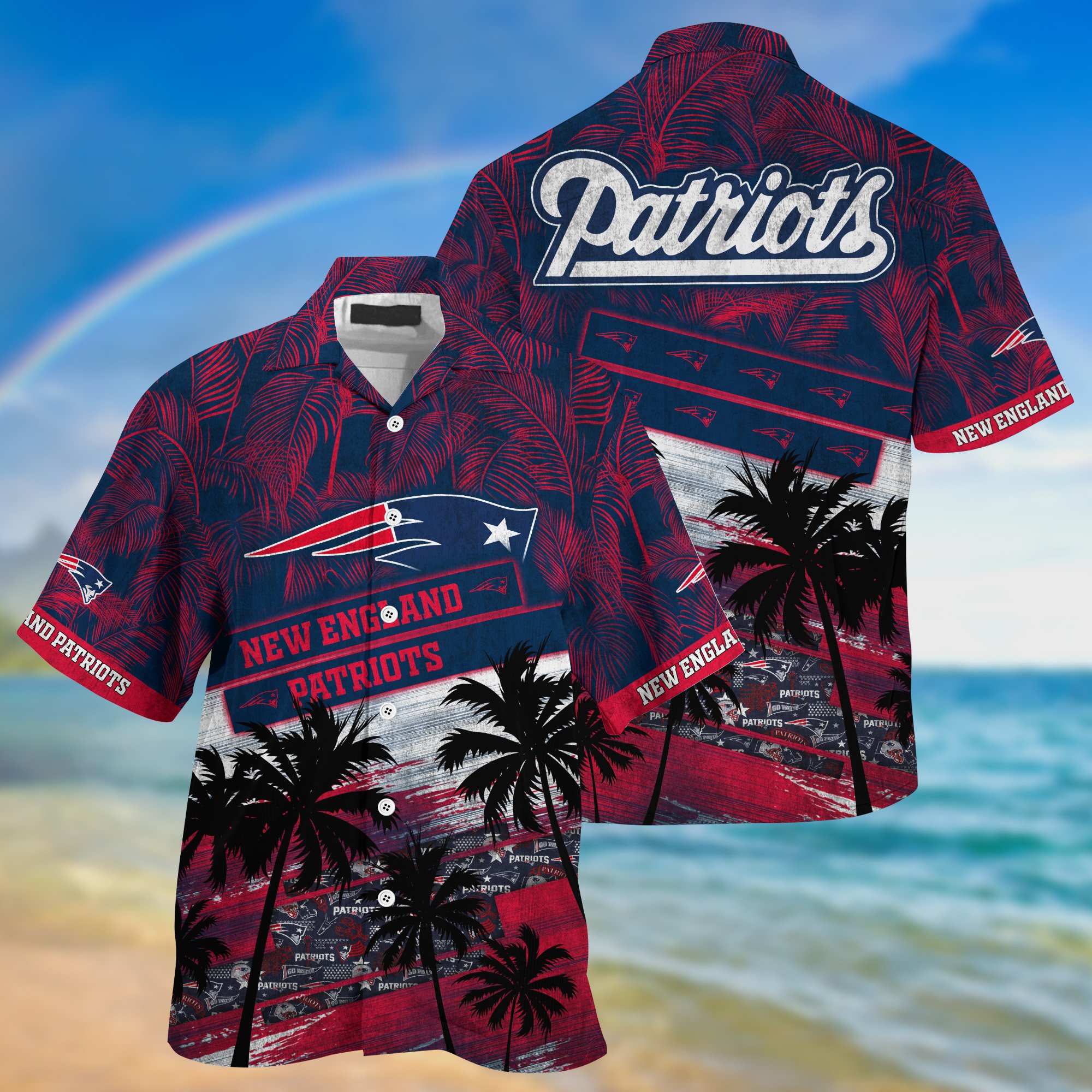 New England Patriots Palm Tree Pattern Hawaii Shirt For Sports Fans, Custom Sport Hawaii Shirt NA32896