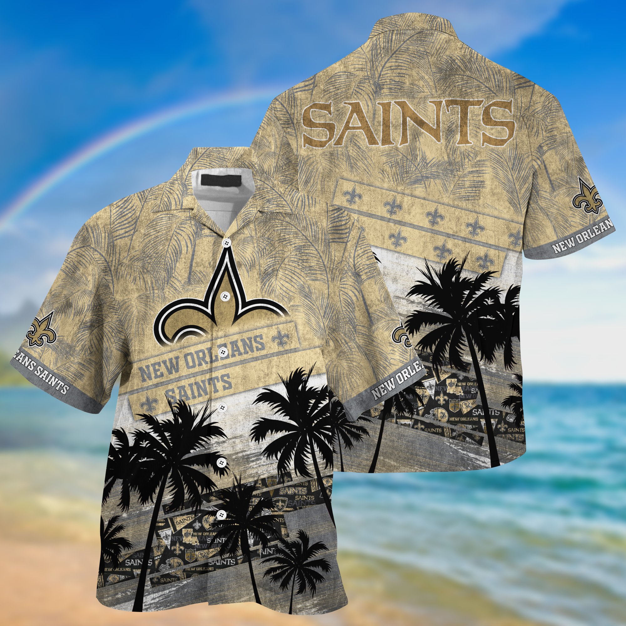 New Orleans Saints Palm Tree Pattern Hawaii Shirt For Sports Fans, Custom Sport Hawaii Shirt NA32896