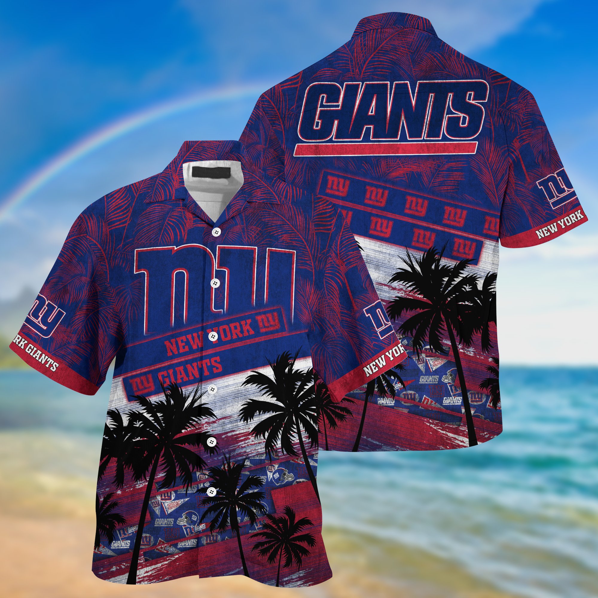 New York Giants Palm Tree Pattern Hawaii Shirt For Sports Fans, Custom Sport Hawaii Shirt NA32896