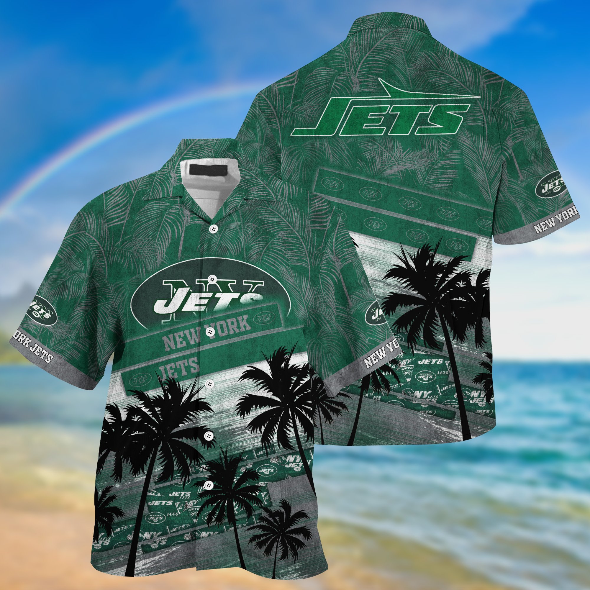 New York Jets Palm Tree Pattern Hawaii Shirt For Sports Fans, Custom Sport Hawaii Shirt NA32896