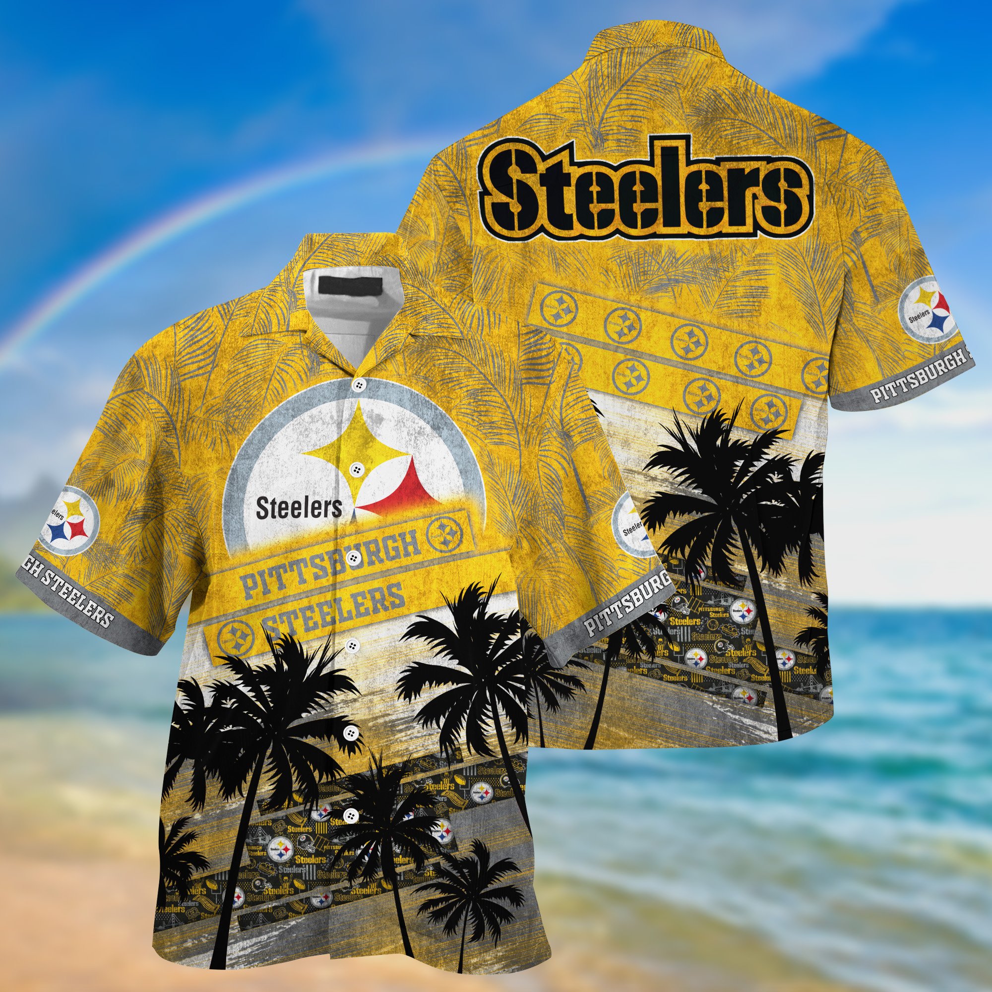 Pittsburgh Steelers Palm Tree Pattern Hawaii Shirt For Sports Fans, Custom Sport Hawaii Shirt NA32896