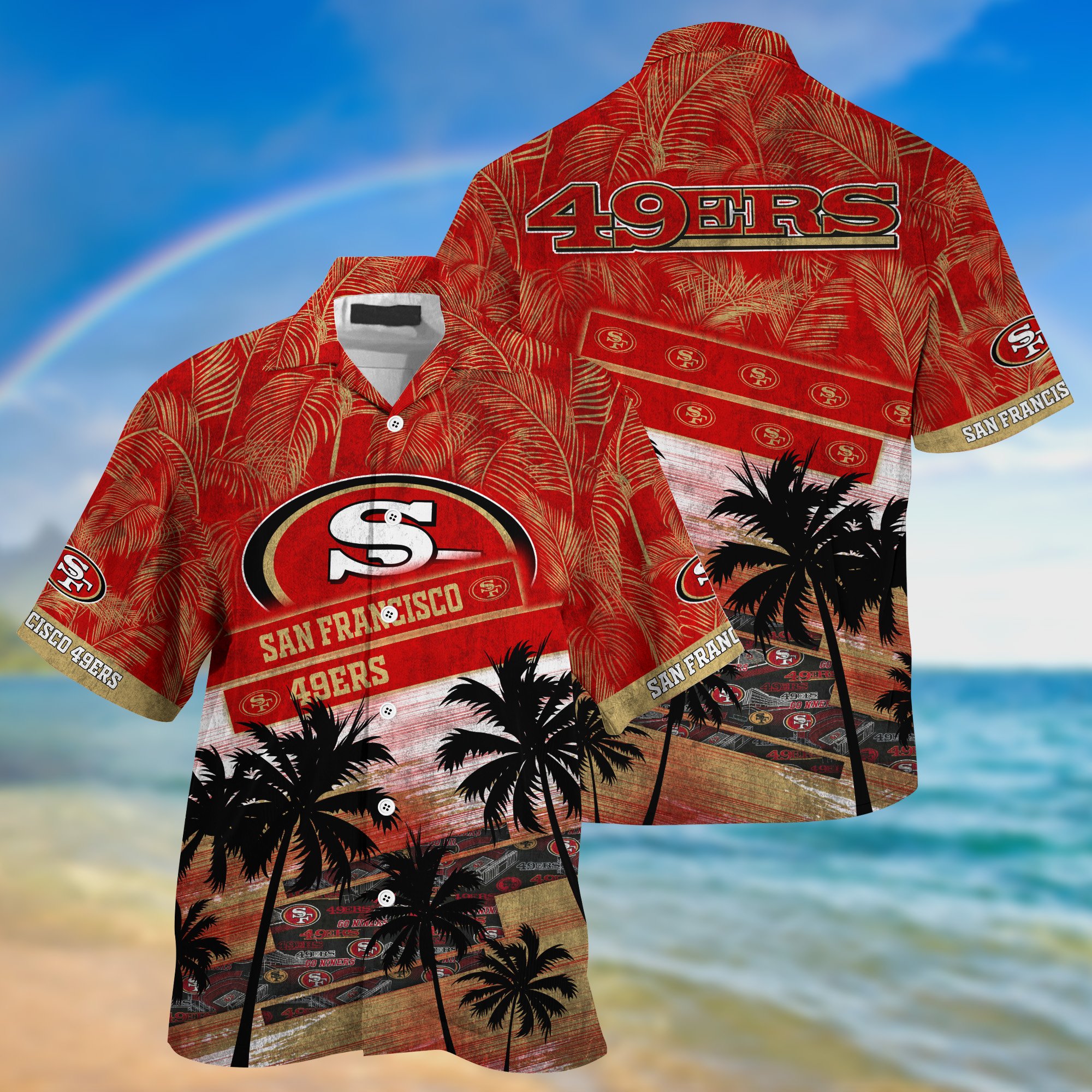 San Francisco 49ers Palm Tree Pattern Hawaii Shirt For Sports Fans, Custom Sport Hawaii Shirt NA32896