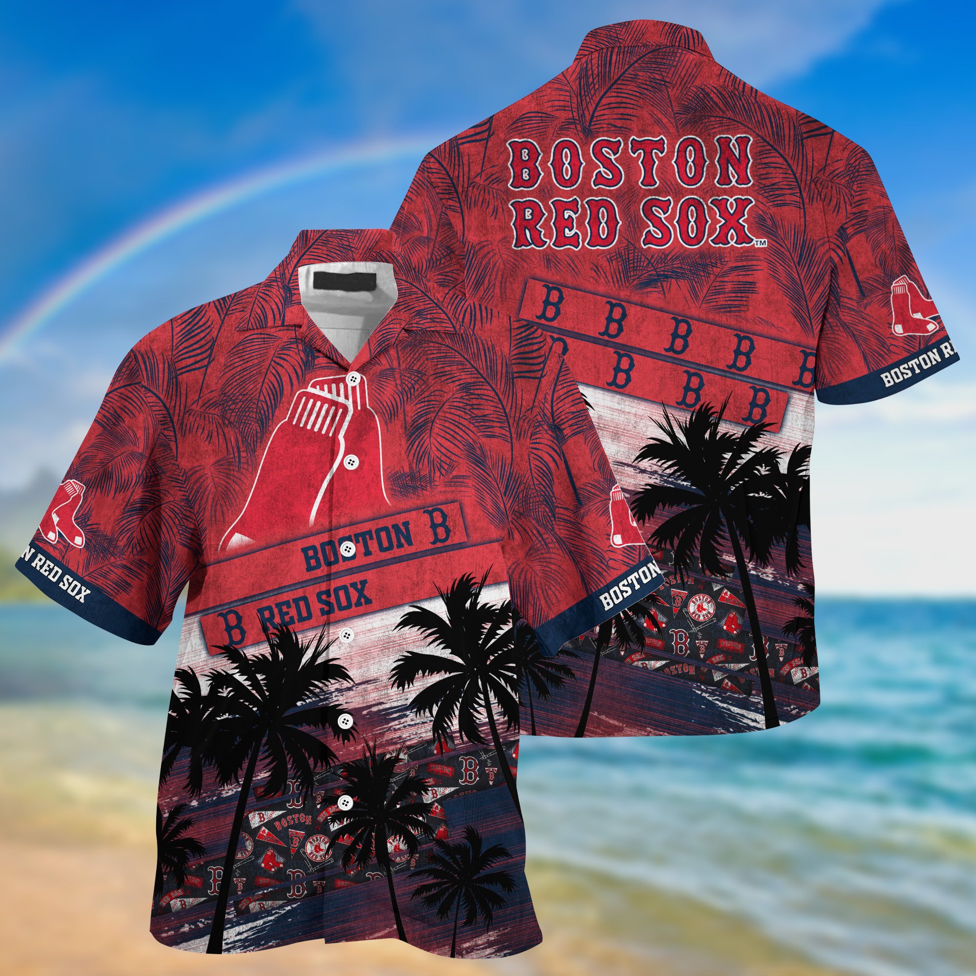 Boston Red Sox Palm Tree Pattern Hawaii Shirt For Sports Fans, Custom Sport Hawaii Shirt NA32896