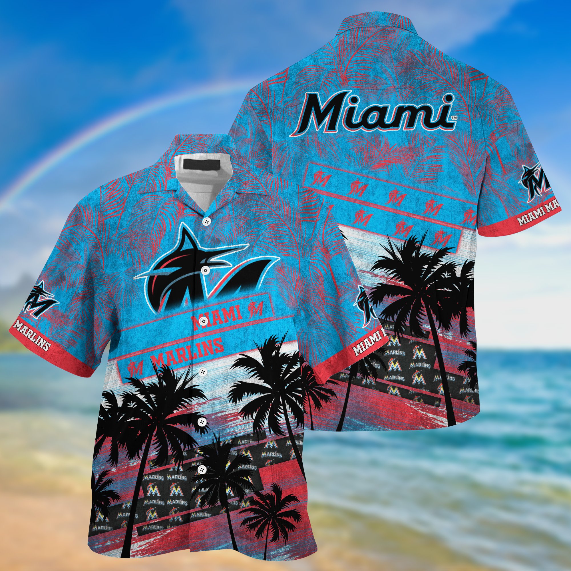 Miami Marlins Palm Tree Pattern Hawaii Shirt For Sports Fans, Custom Sport Hawaii Shirt NA32896