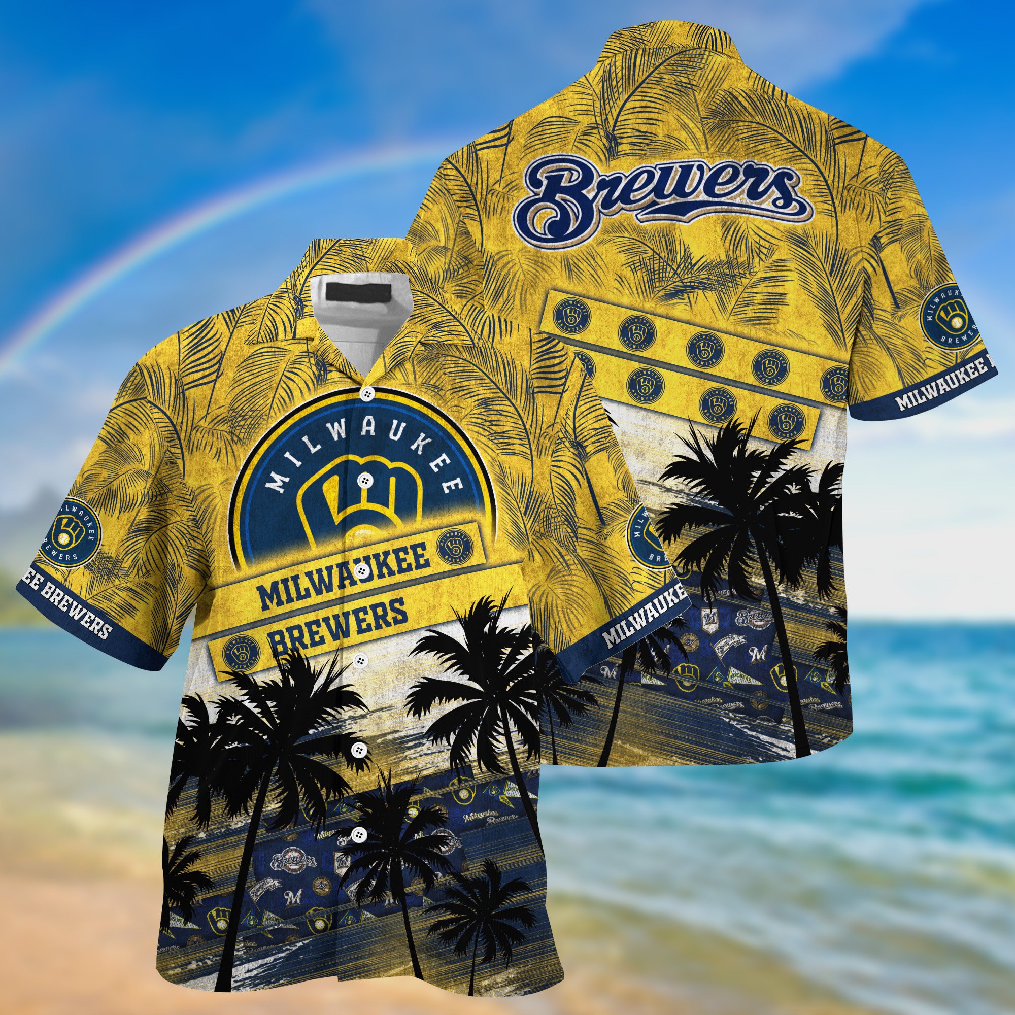 Milwaukee Brewers Palm Tree Pattern Hawaii Shirt For Sports Fans, Custom Sport Hawaii Shirt NA32896