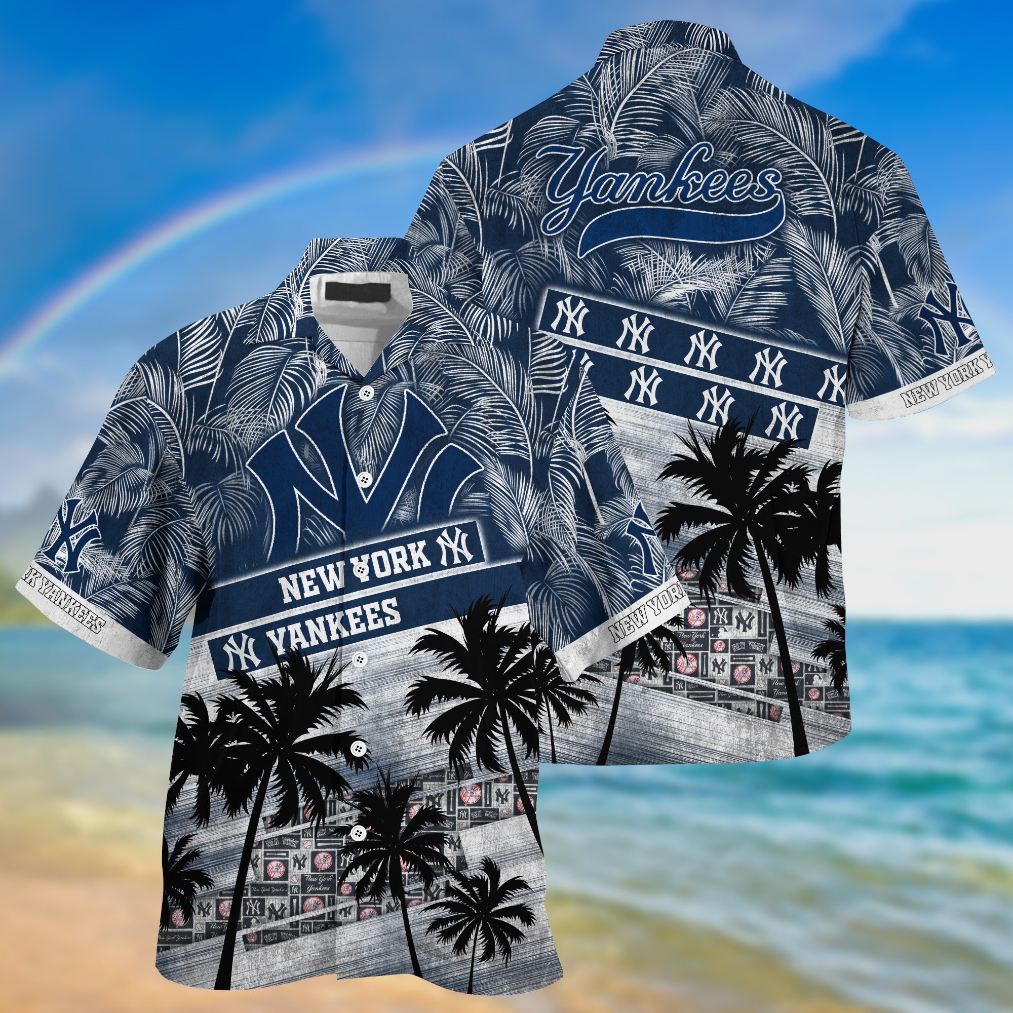 New York Yankees Palm Tree Pattern Hawaii Shirt For Sports Fans, Custom Sport Hawaii Shirt NA32896