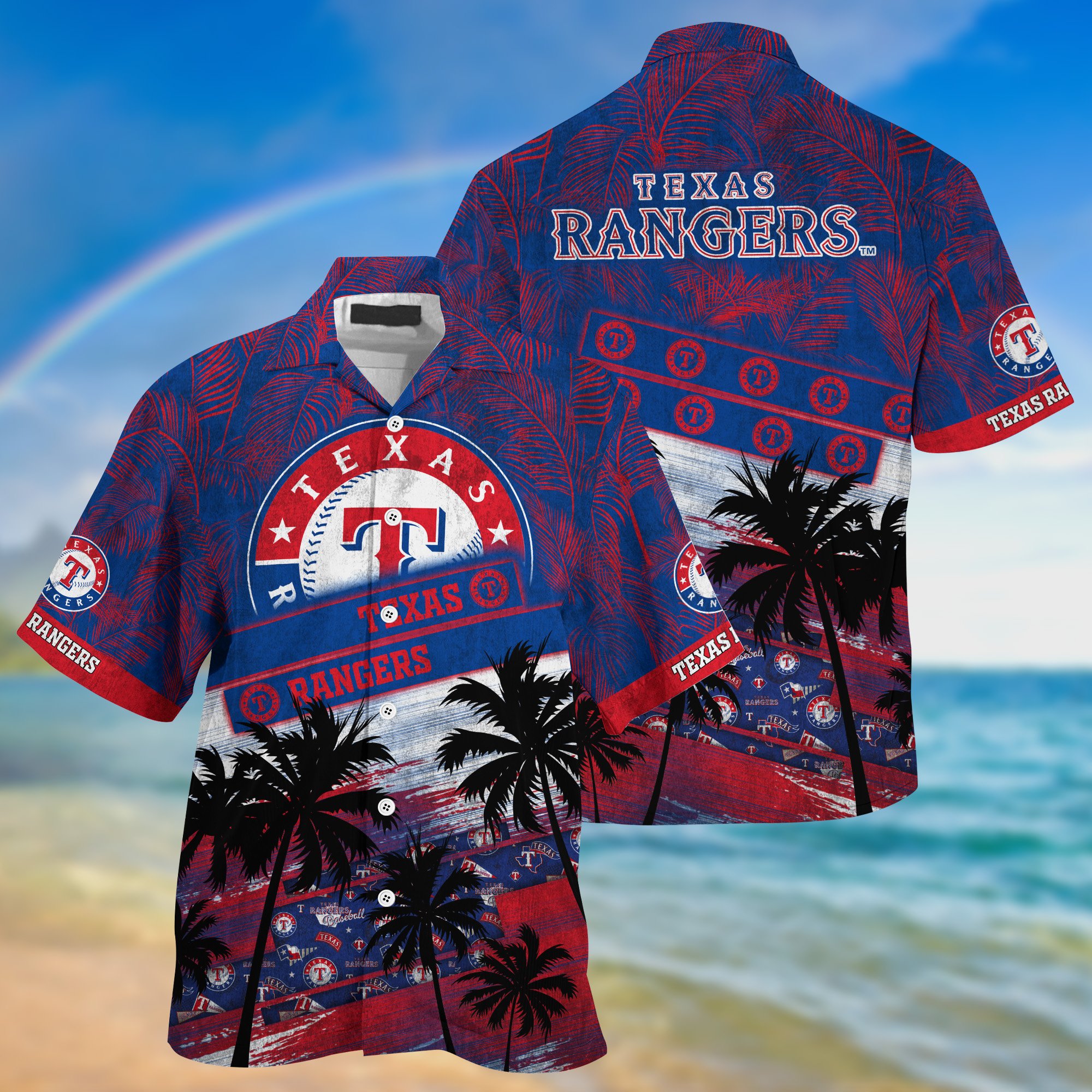 Texas Rangers Palm Tree Pattern Hawaii Shirt For Sports Fans, Custom Sport Hawaii Shirt NA32896