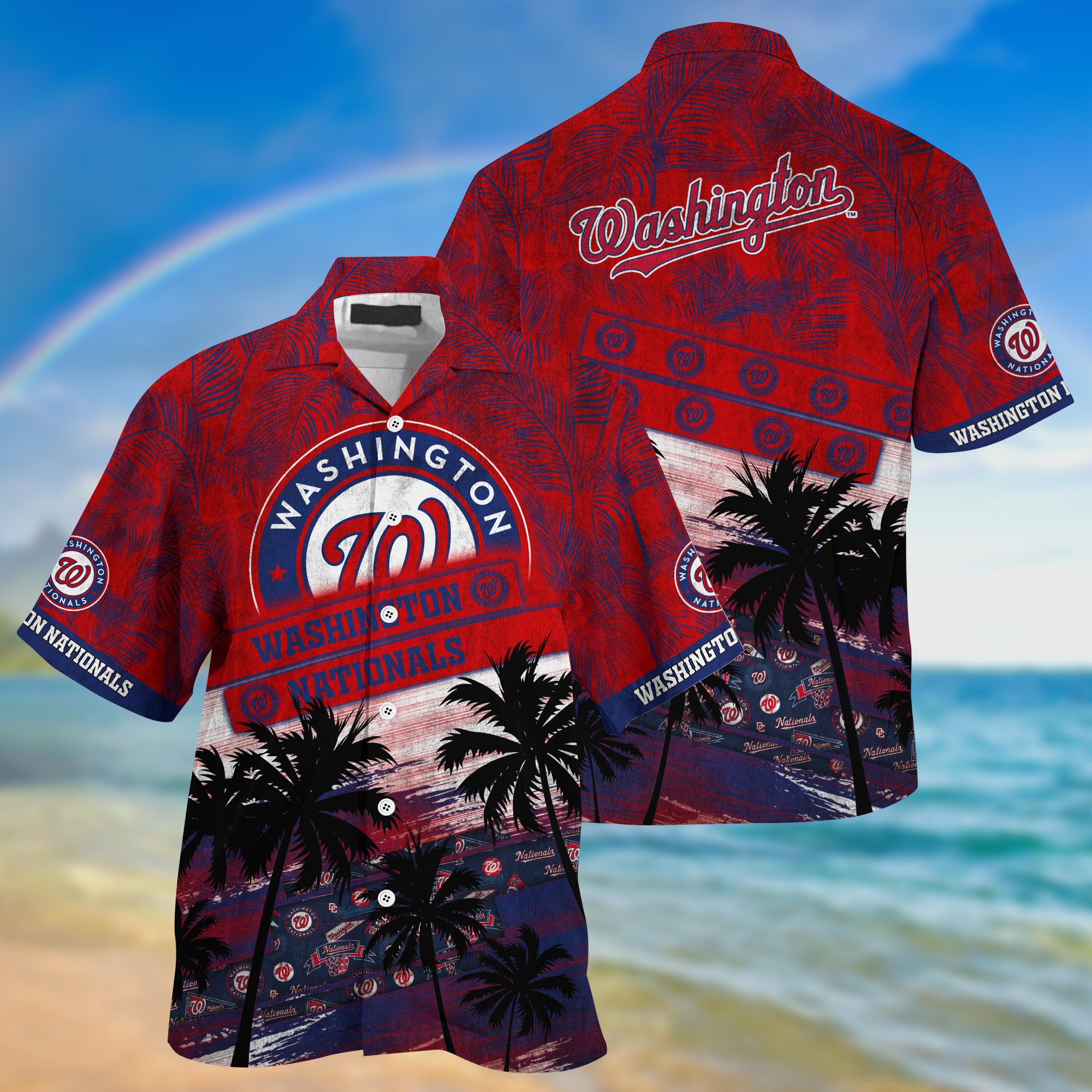 Washington Nationals Palm Tree Pattern Hawaii Shirt For Sports Fans, Custom Sport Hawaii Shirt NA32896