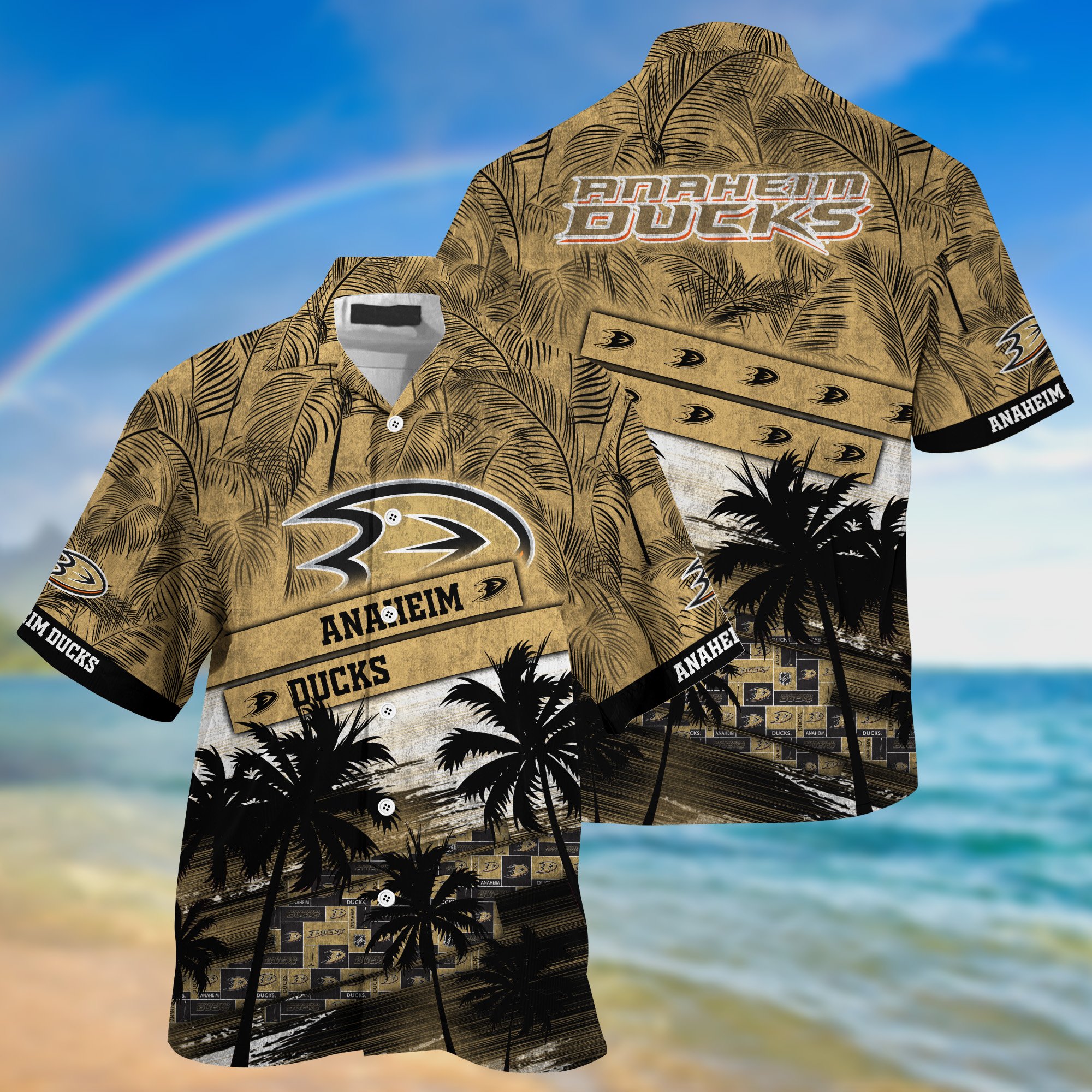 Anaheim Ducks Palm Tree Pattern Hawaii Shirt For Sports Fans, Custom Sport Hawaii Shirt NA32896