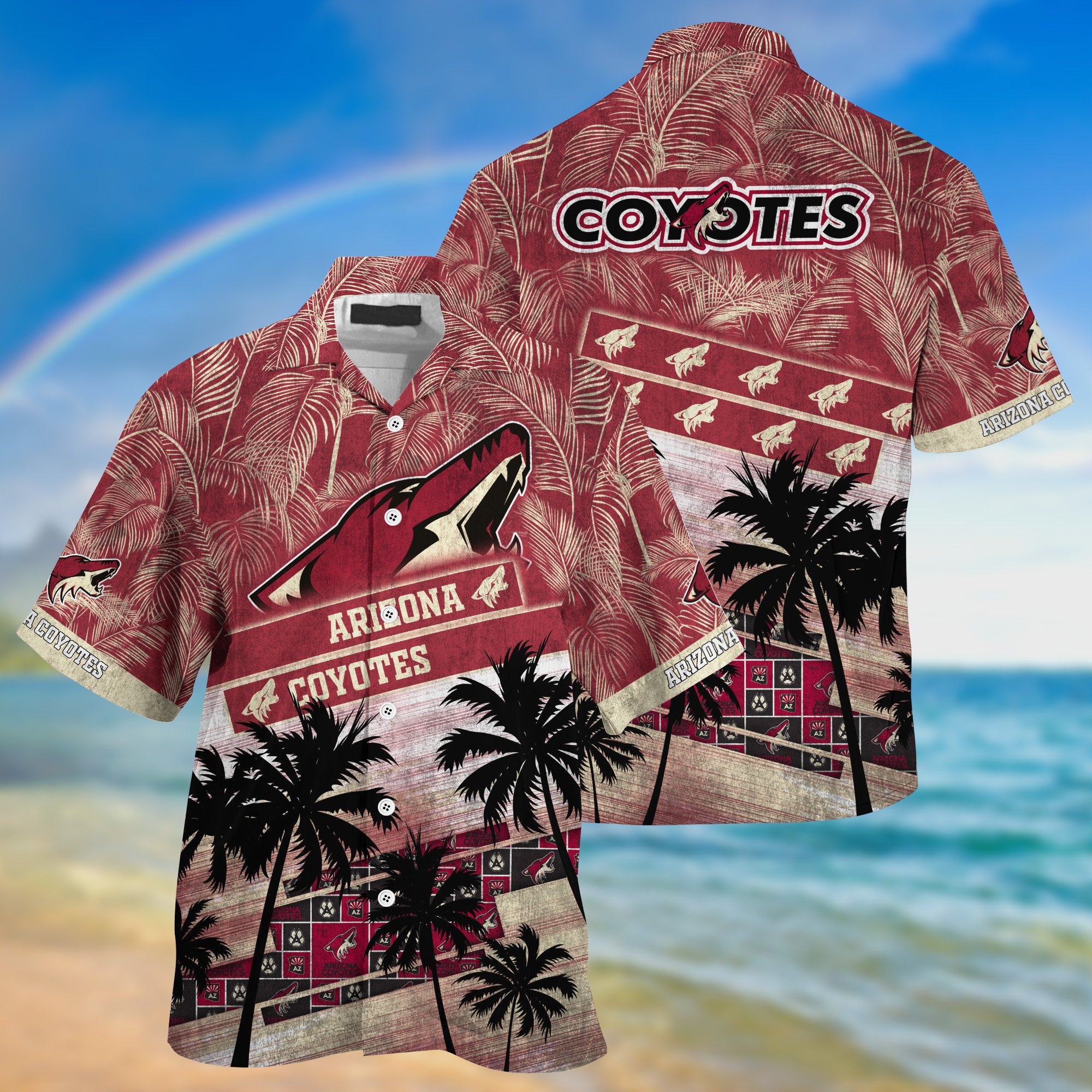 Arizona Coyotes Palm Tree Pattern Hawaii Shirt For Sports Fans, Custom Sport Hawaii Shirt NA32896