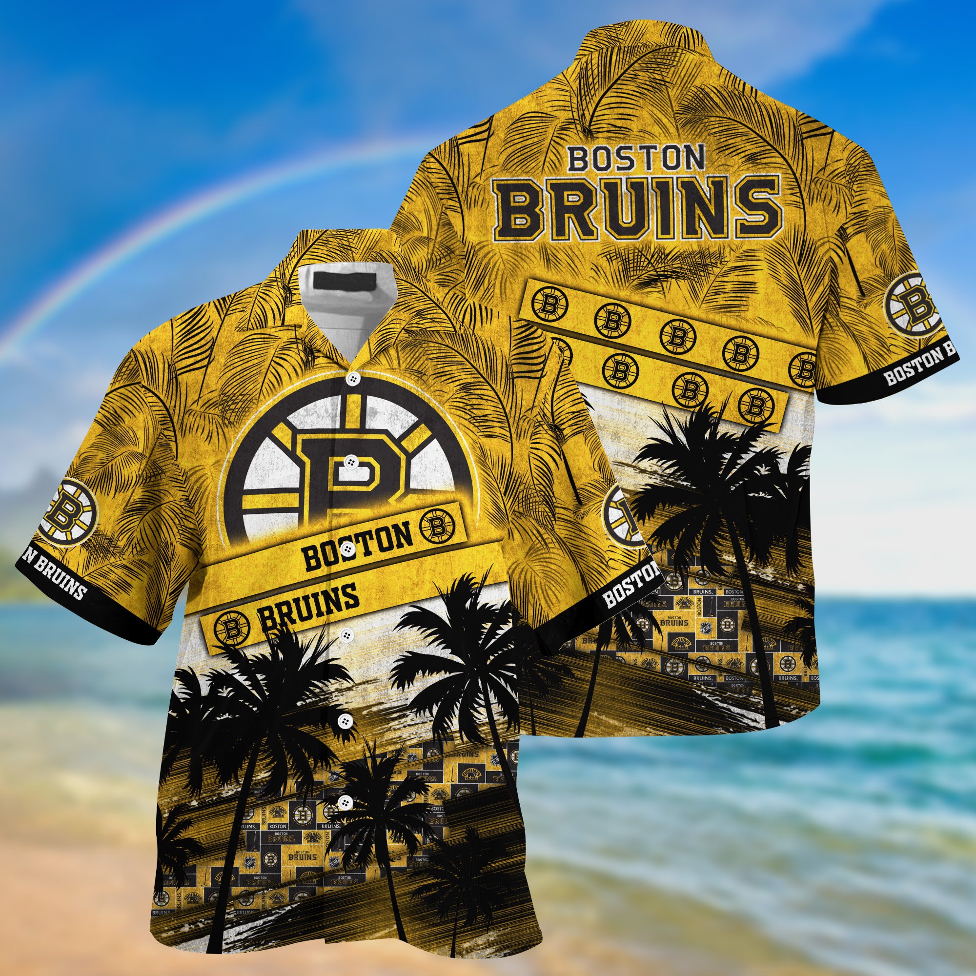 Boston Bruins Palm Tree Pattern Hawaii Shirt For Sports Fans, Custom Sport Hawaii Shirt NA32896