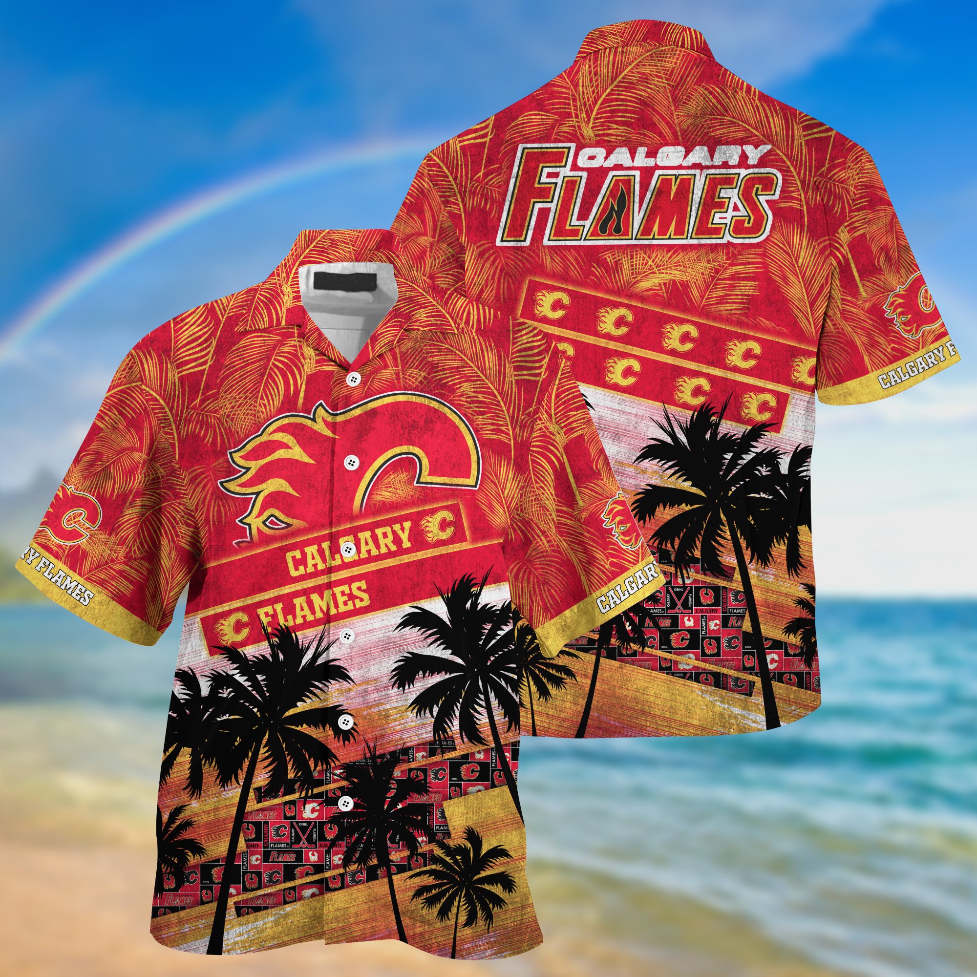 Calgary Flames Palm Tree Pattern Hawaii Shirt For Sports Fans, Custom Sport Hawaii Shirt NA32896