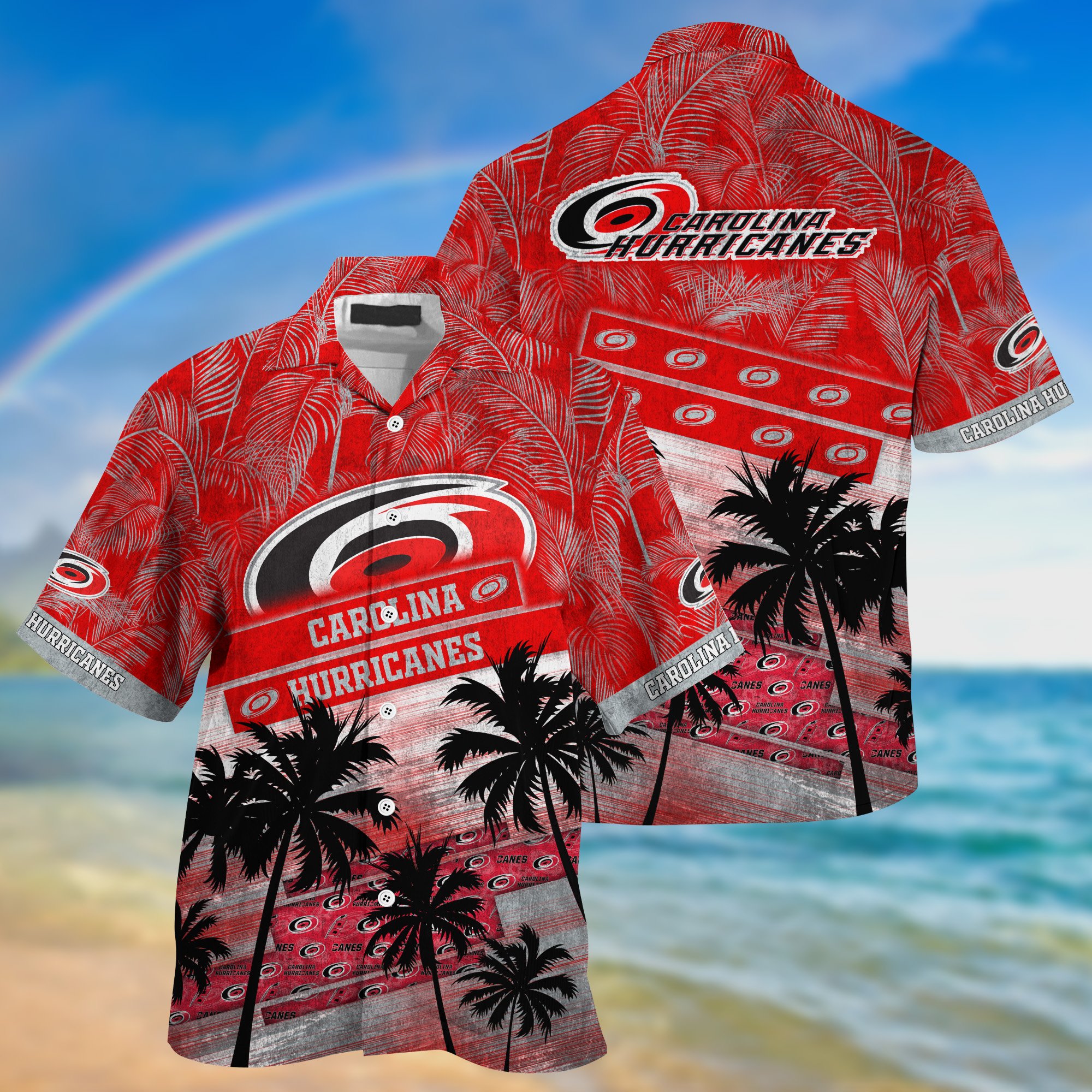 Carolina Hurricanes Palm Tree Pattern Hawaii Shirt For Sports Fans, Custom Sport Hawaii Shirt NA32896