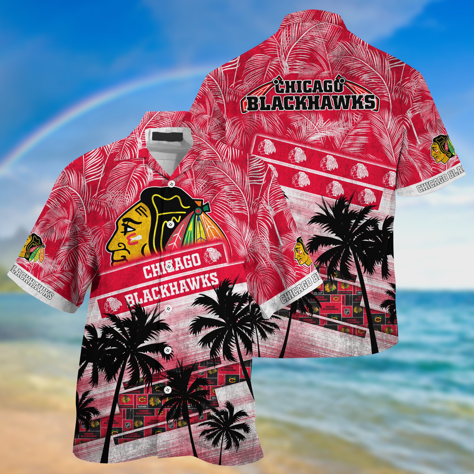 Chicago Blackhawks Palm Tree Pattern Hawaii Shirt For Sports Fans, Custom Sport Hawaii Shirt NA32896