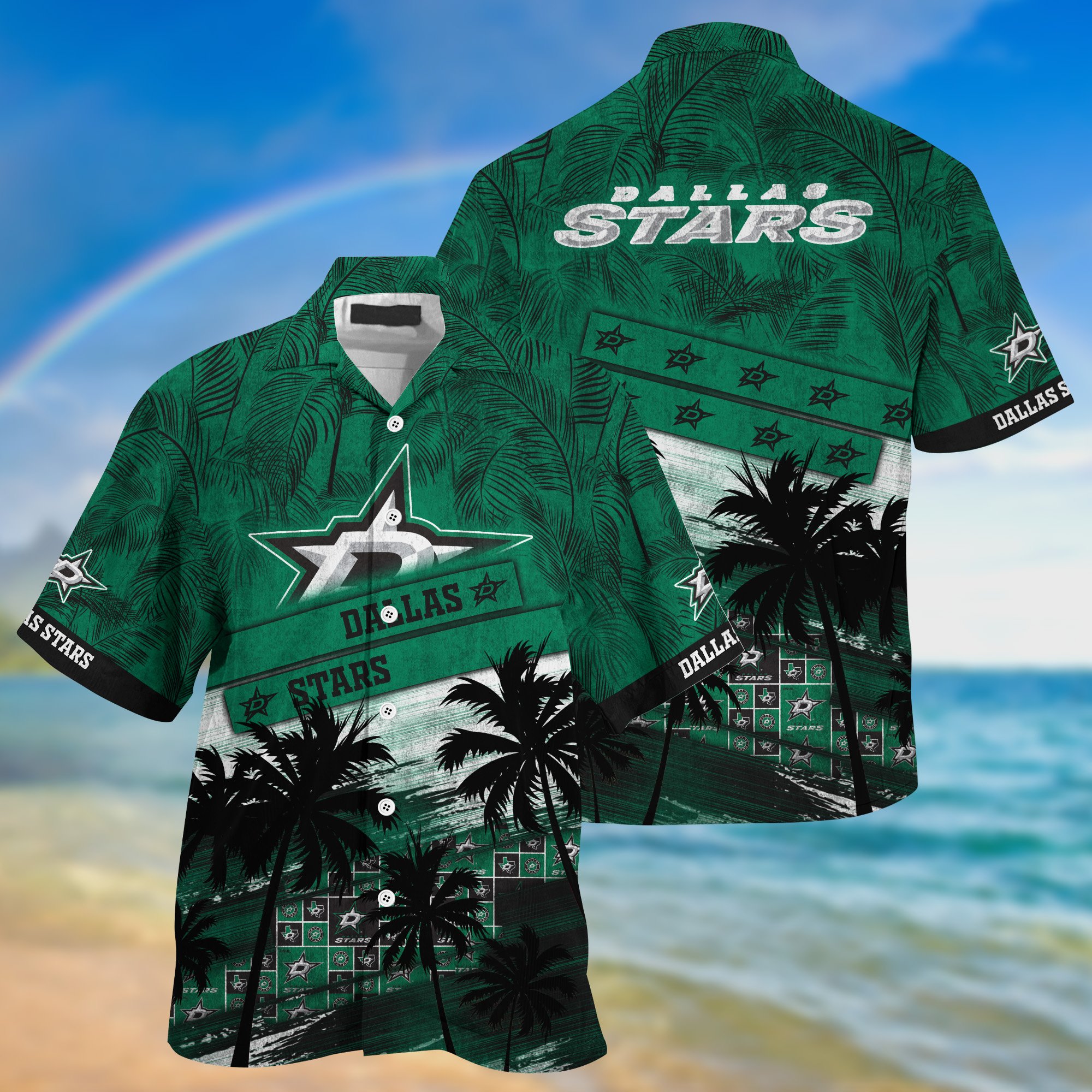 Dallas Stars Palm Tree Pattern Hawaii Shirt For Sports Fans, Custom Sport Hawaii Shirt NA32896