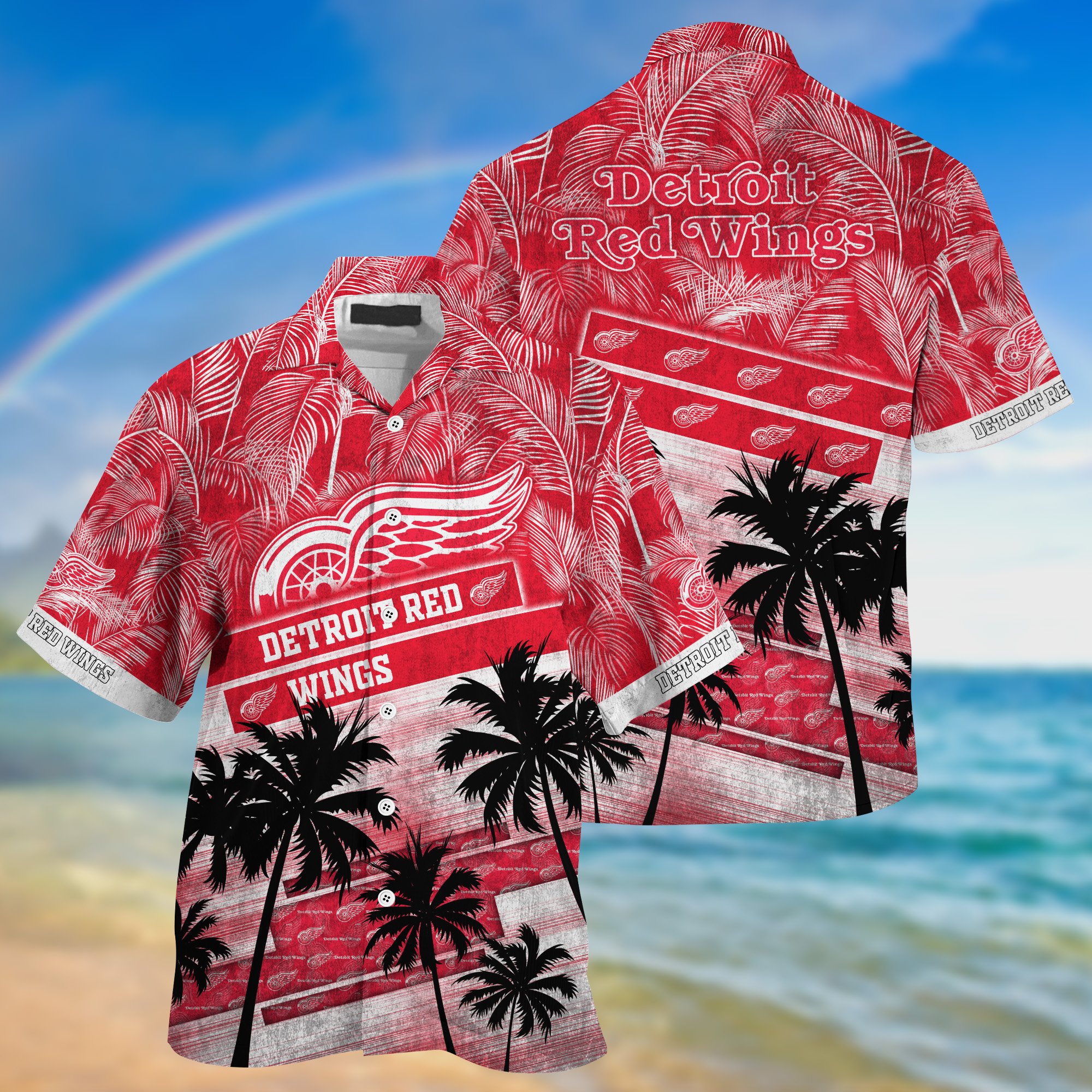 Detroit Red Wings Palm Tree Pattern Hawaii Shirt For Sports Fans, Custom Sport Hawaii Shirt NA32896