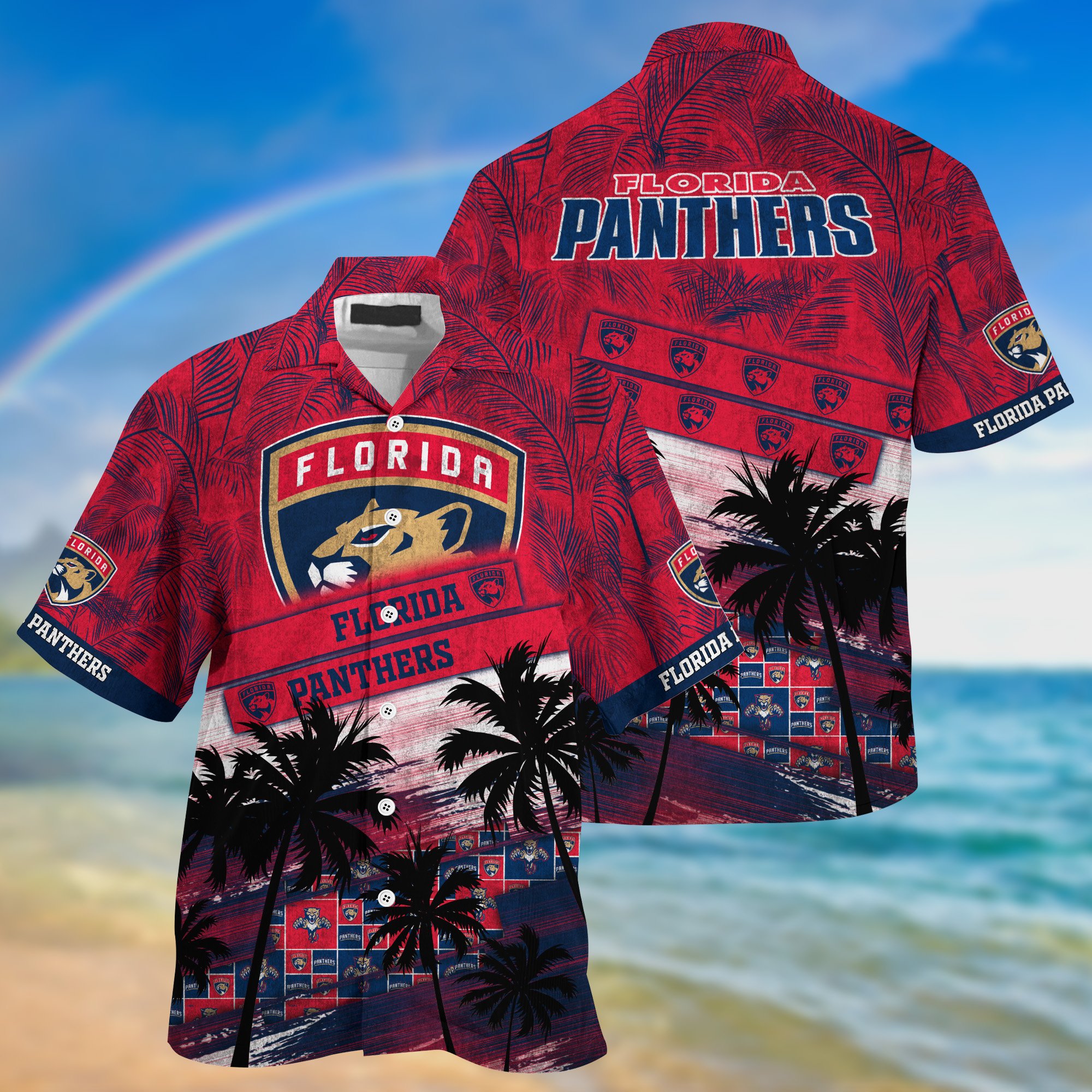 Florida Panthers Palm Tree Pattern Hawaii Shirt For Sports Fans, Custom Sport Hawaii Shirt NA32896