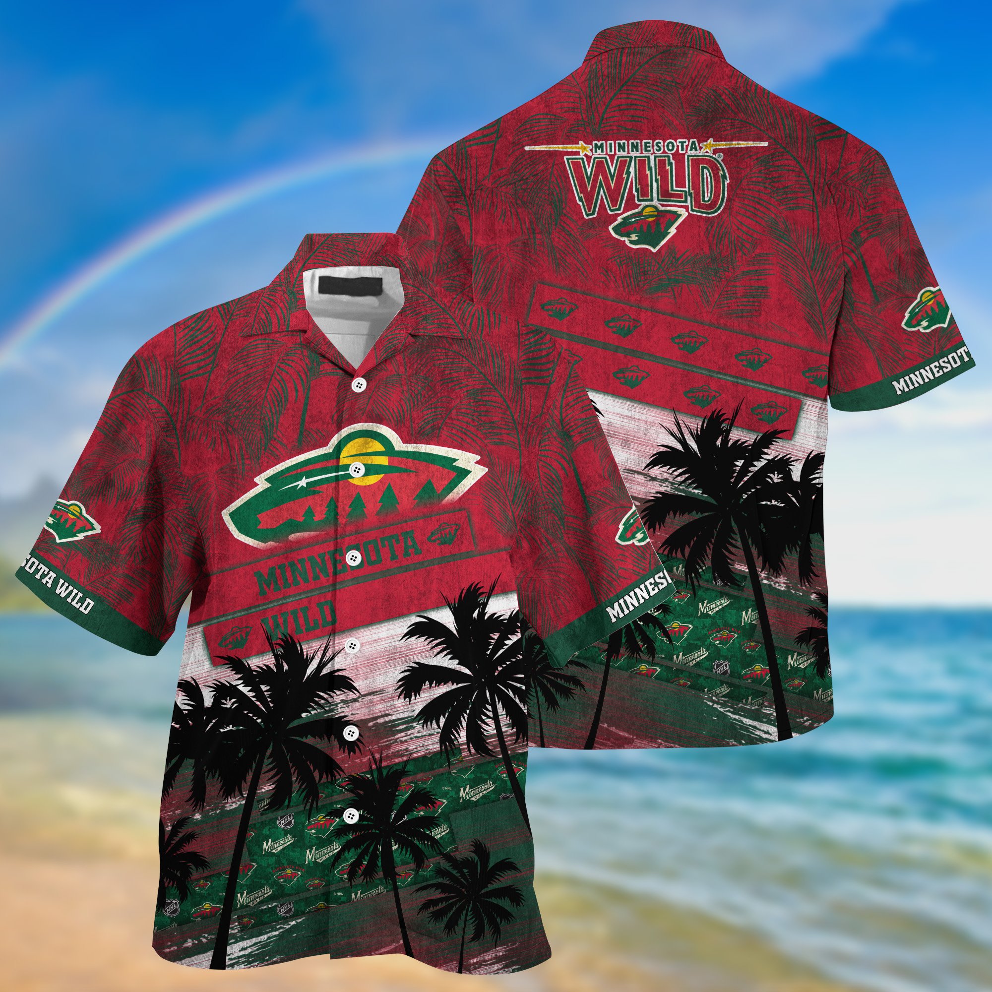 Minnesota Wild Palm Tree Pattern Hawaii Shirt For Sports Fans, Custom Sport Hawaii Shirt NA32896