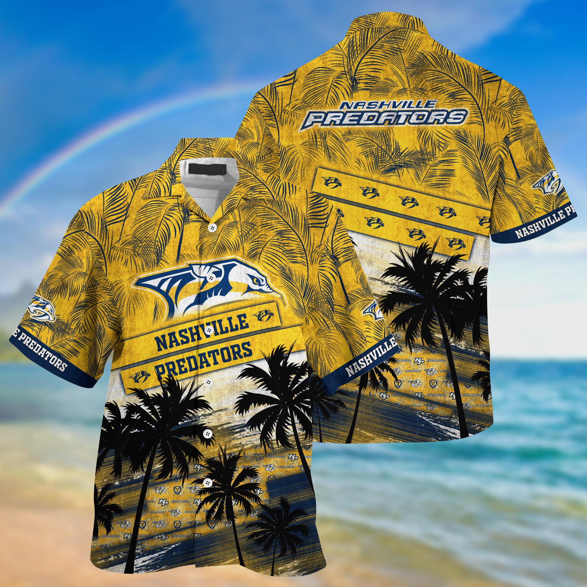 Nashville Predators Palm Tree Pattern Hawaii Shirt For Sports Fans, Custom Sport Hawaii Shirt NA32896