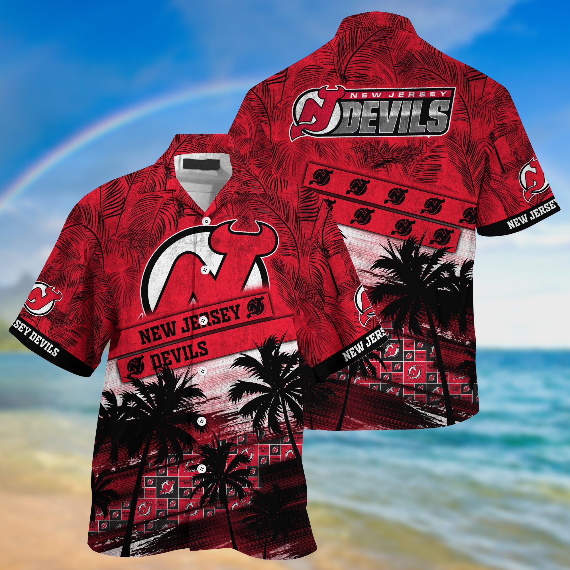 New Jersey Devils Palm Tree Pattern Hawaii Shirt For Sports Fans, Custom Sport Hawaii Shirt NA32896