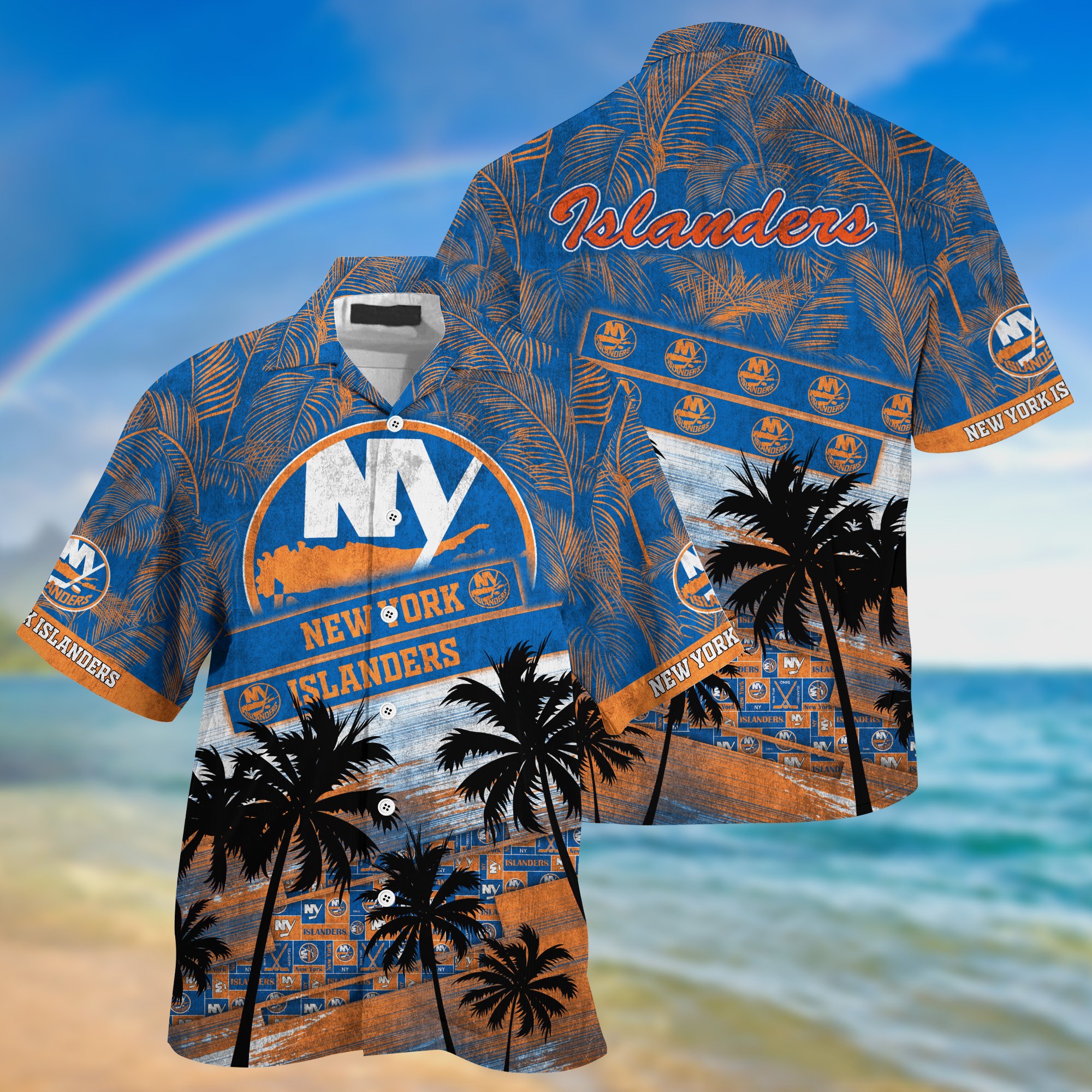 New York Islanders Palm Tree Pattern Hawaii Shirt For Sports Fans, Custom Sport Hawaii Shirt NA32896