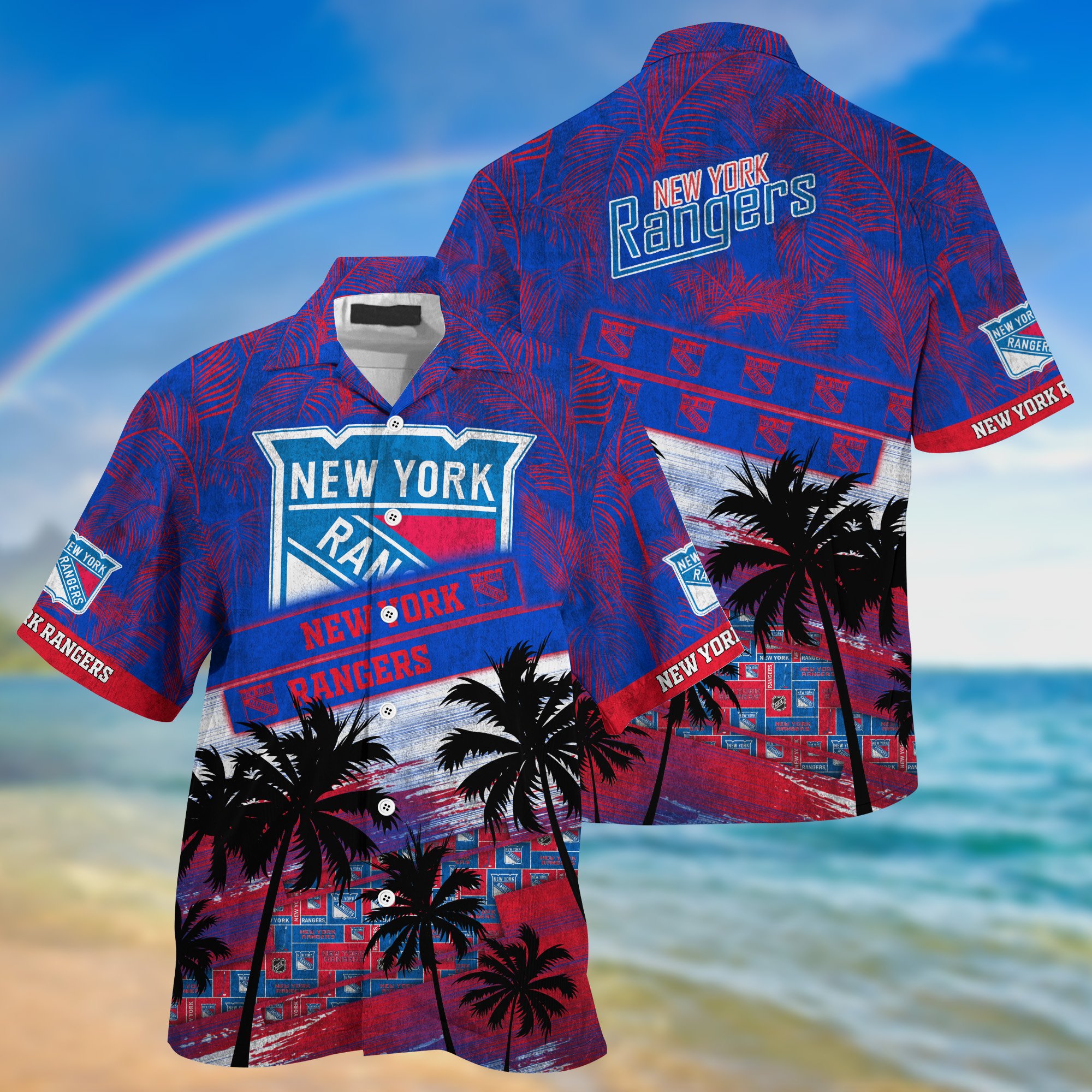 New York Rangers Palm Tree Pattern Hawaii Shirt For Sports Fans, Custom Sport Hawaii Shirt NA32896