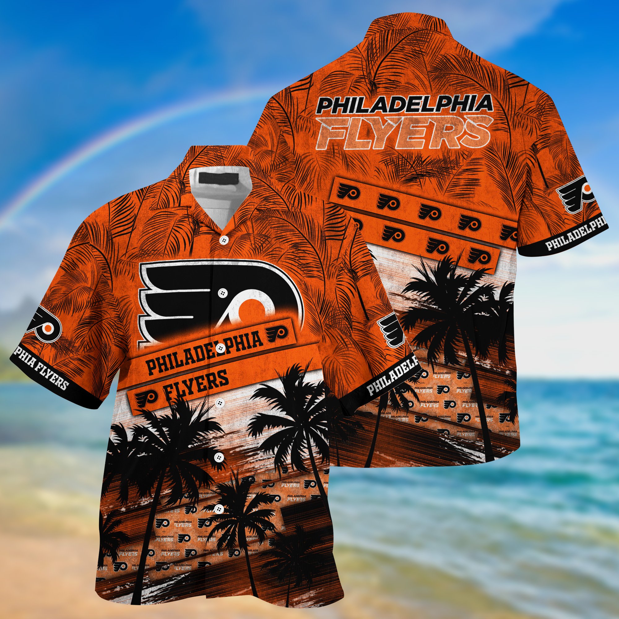 Philadelphia Flyers Palm Tree Pattern Hawaii Shirt For Sports Fans, Custom Sport Hawaii Shirt NA32896