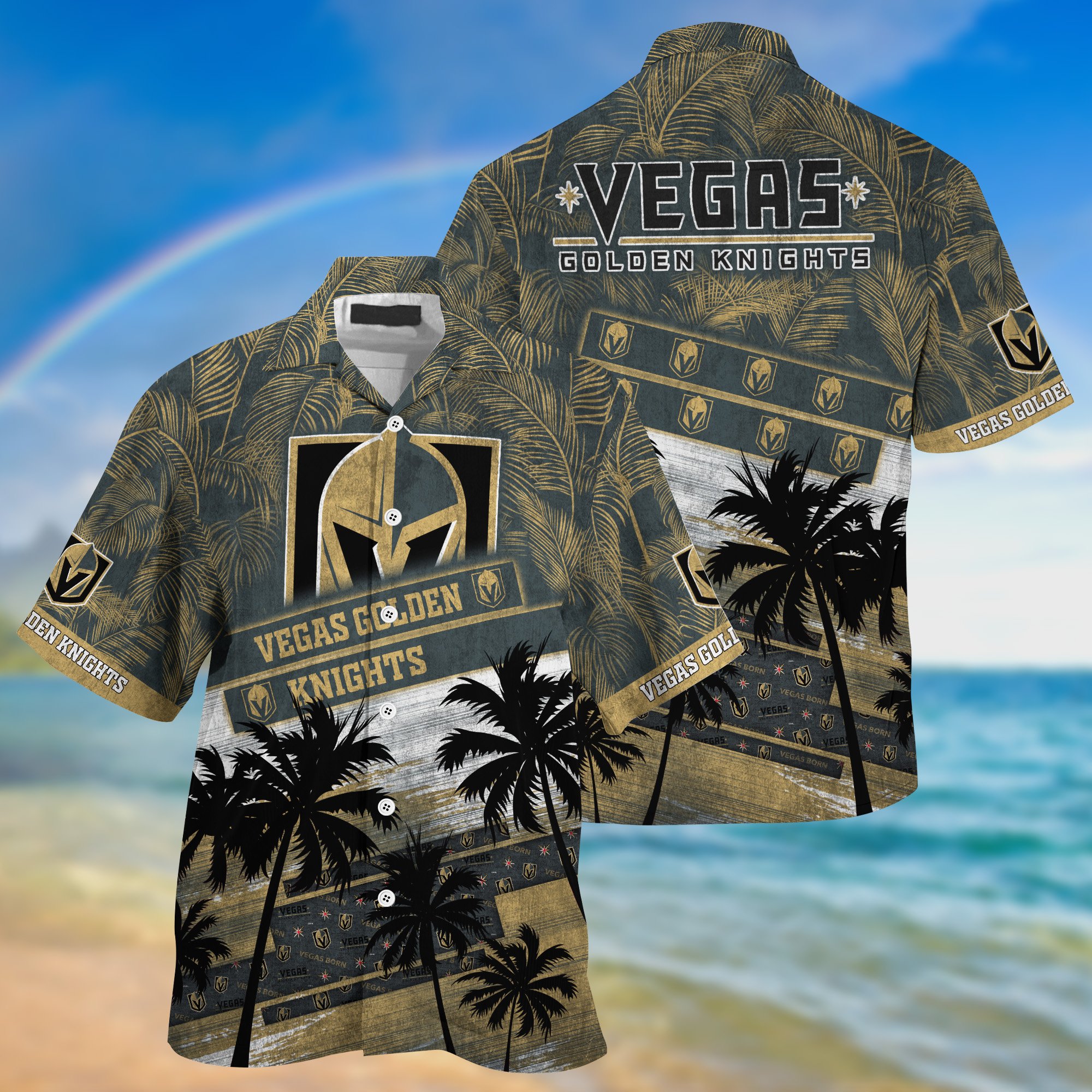 Vegas Golden Knights Palm Tree Pattern Hawaii Shirt For Sports Fans, Custom Sport Hawaii Shirt NA32896