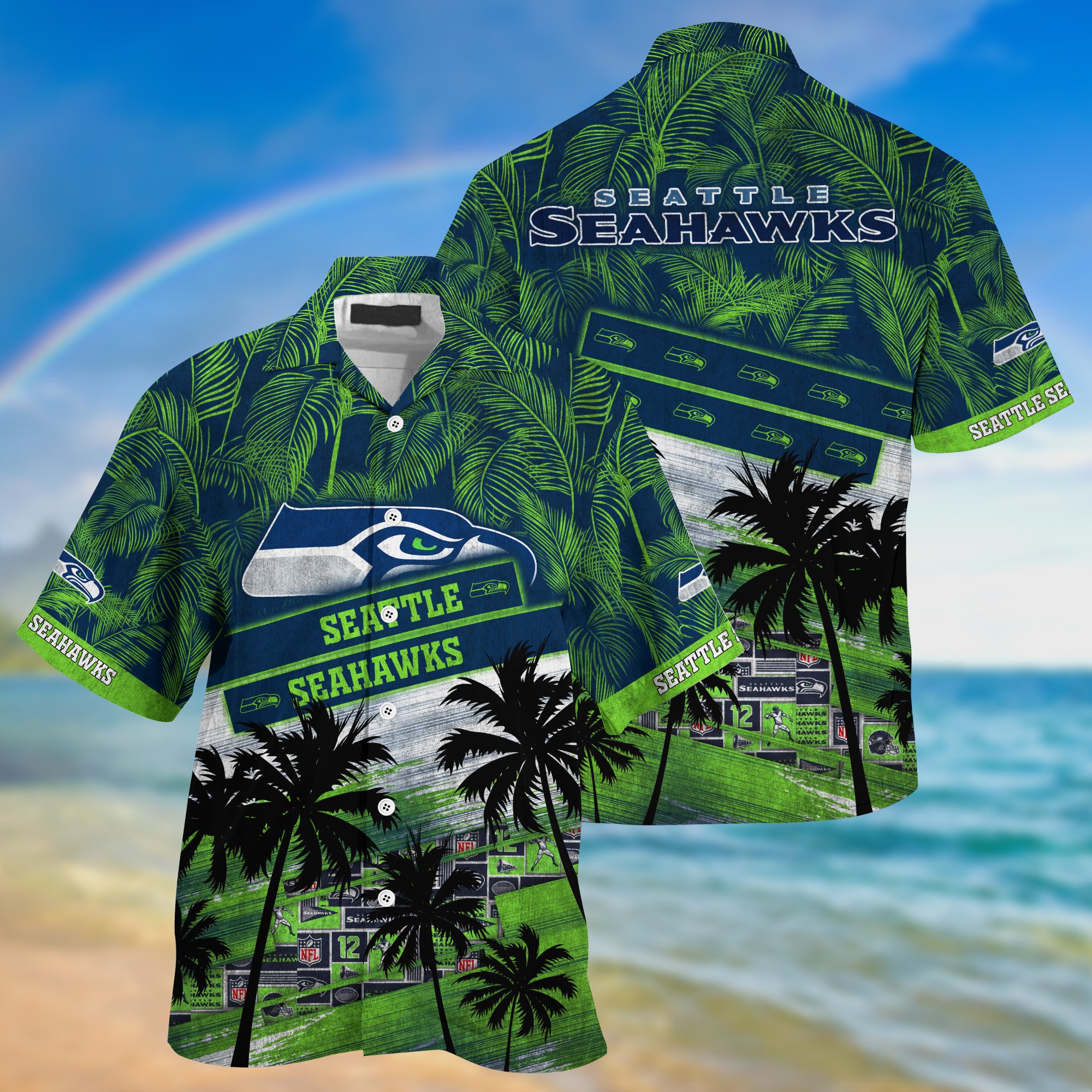 Seattle Seahawks Palm Tree Pattern Hawaii Shirt For Sports Fans, Custom Sport Hawaii Shirt NA32896