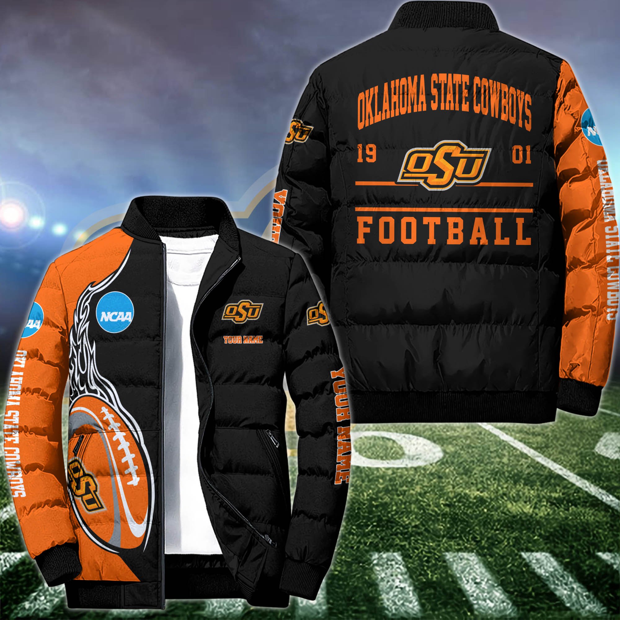 Oklahoma State Cowboys Puffer Jacket Custom Your Name 2024 version, Sport Jacket, FootBall Fan Gifts EHIVM-53126