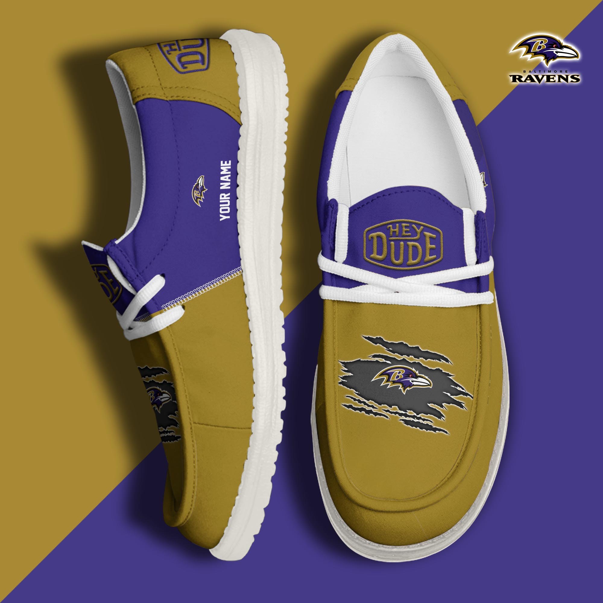 Baltimore Ravens Football Hey Dude Canvas Loafer Shoes Custom Your Name, Sport Shoes For Fan, Fan Gifts ETUA-61026