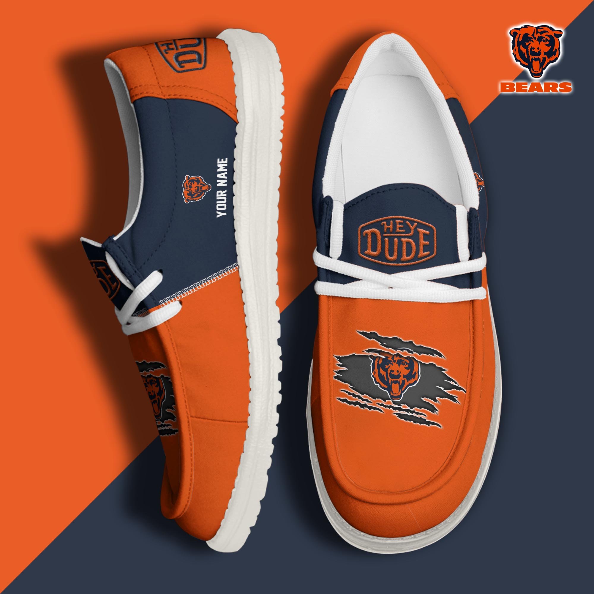 Chicago Bears Football Hey Dude Canvas Loafer Shoes Custom Your Name, Sport Shoes For Fan, Fan Gifts ETUA-61026