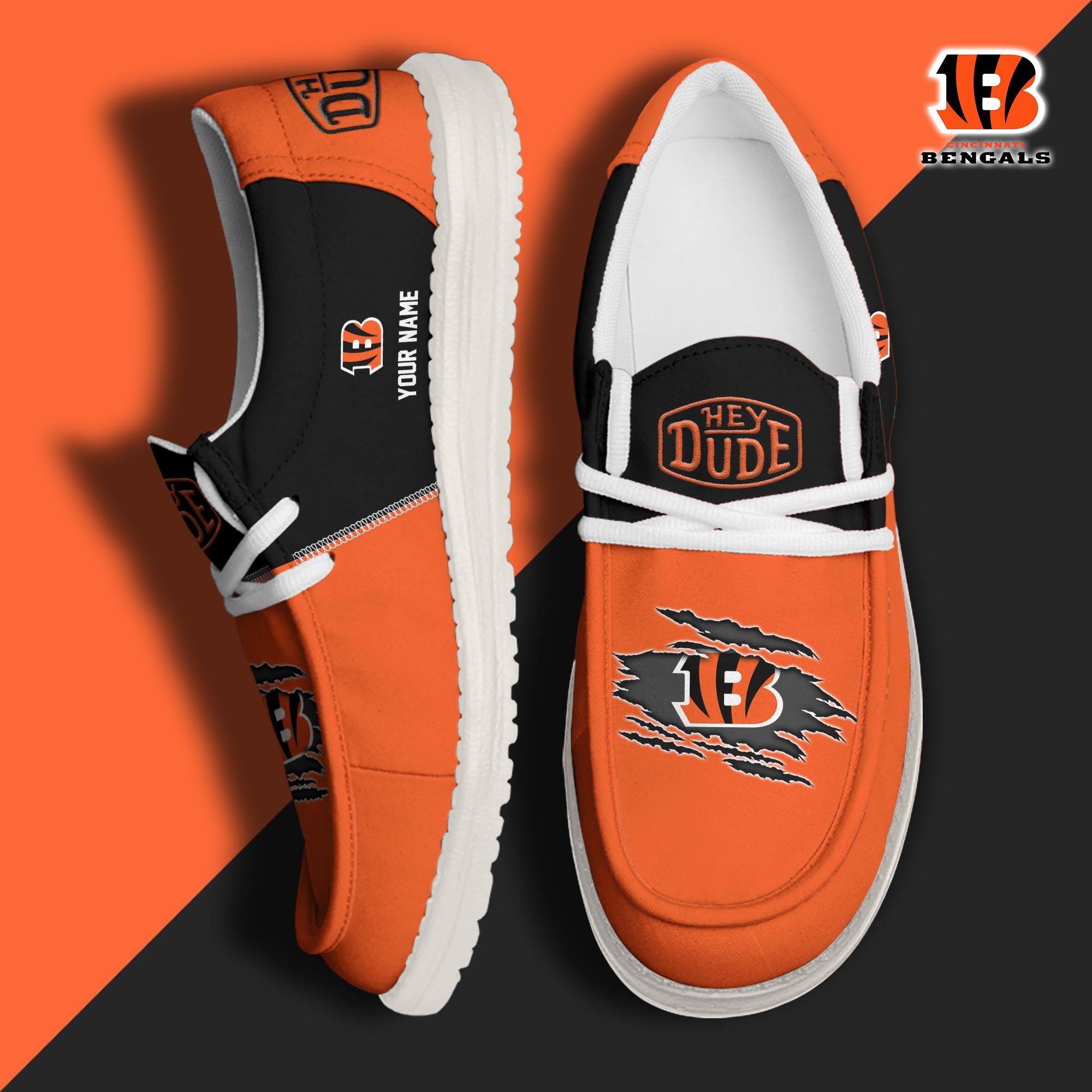 Cincinnati Bengals Football Hey Dude Canvas Loafer Shoes Custom Your Name, Sport Shoes For Fan, Fan Gifts ETUA-61026