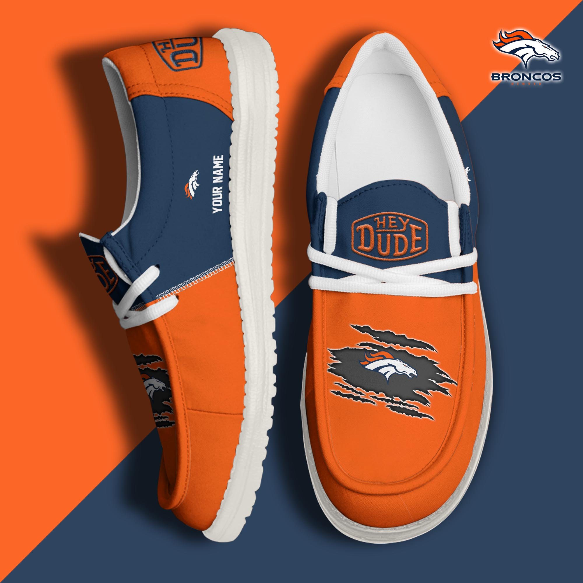 Denver Broncos Football Hey Dude Canvas Loafer Shoes Custom Your Name, Sport Shoes For Fan, Fan Gifts ETUA-61026