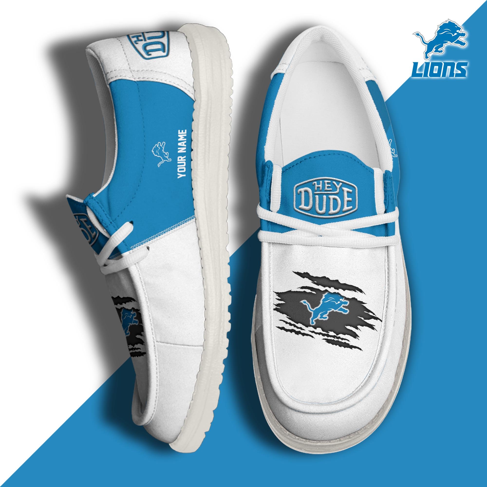 Detroit Lions Football Hey Dude Canvas Loafer Shoes Custom Your Name, Sport Shoes For Fan, Fan Gifts ETUA-61026